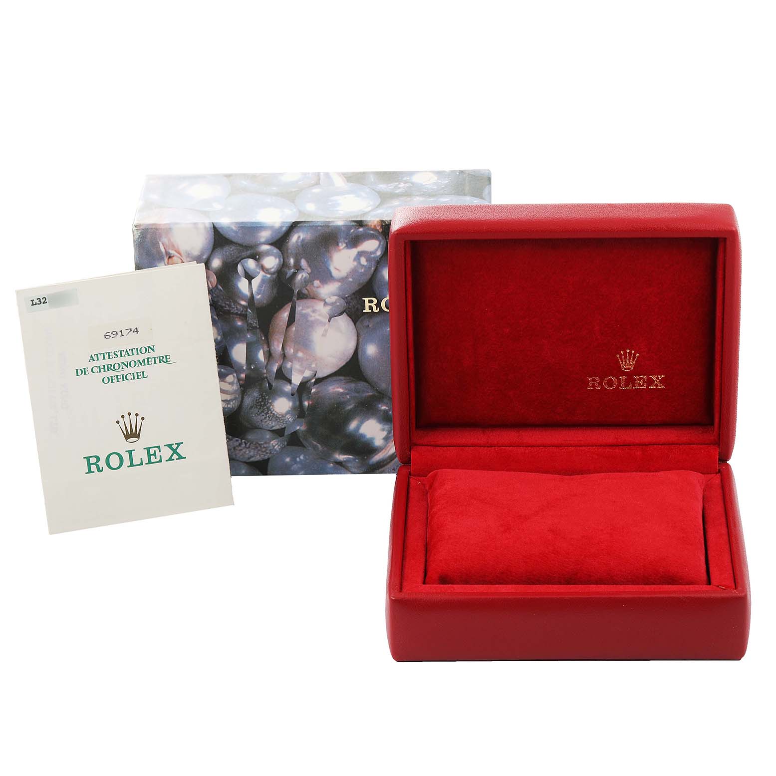 The image shows a Rolex Datejust 69174 Women
s Stainless Steel Silver Dial 69174 Women
s Stainless Steel Silver Dial watch box, a manual, and the outer packaging from a straight-on angle.