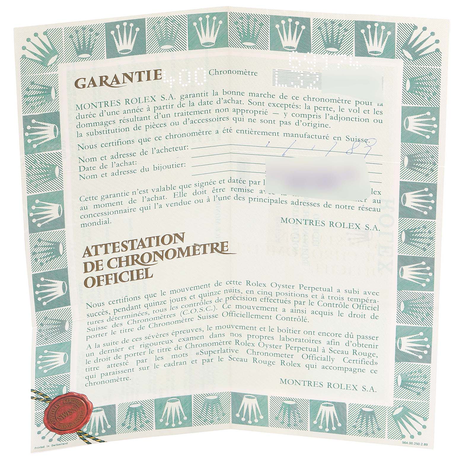 This image shows the guarantee and chronometer certification for the Rolex Datejust 69174 Women
s Stainless Steel Silver Dial 69174 Women
s Stainless Steel Silver Dial model, with branded design elements.