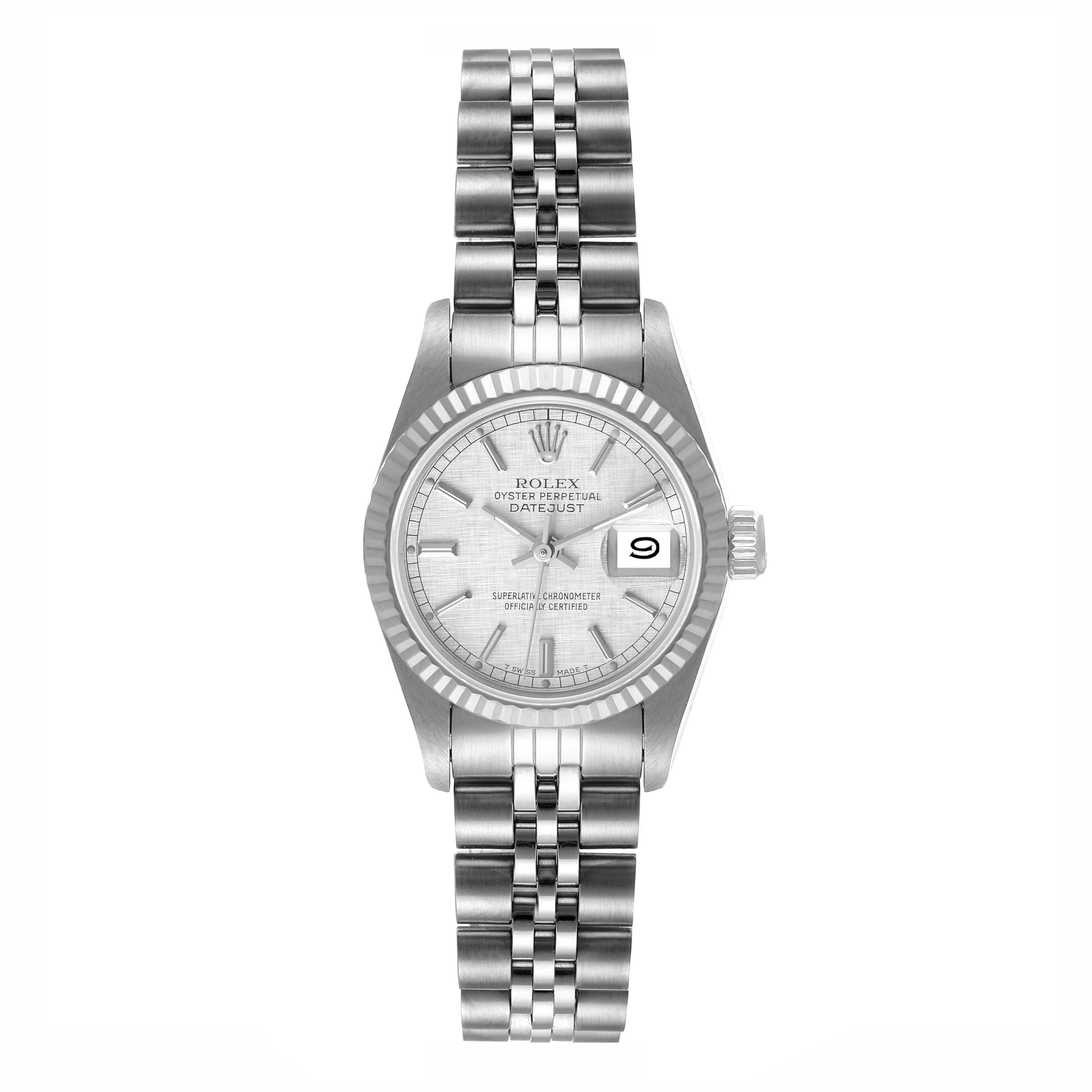 This image shows a full frontal view of the Rolex Datejust 69174 Women
s Stainless Steel Silver Dial 69174 Women
s Stainless Steel Silver Dial watch, including its face, bezel, and bracelet.