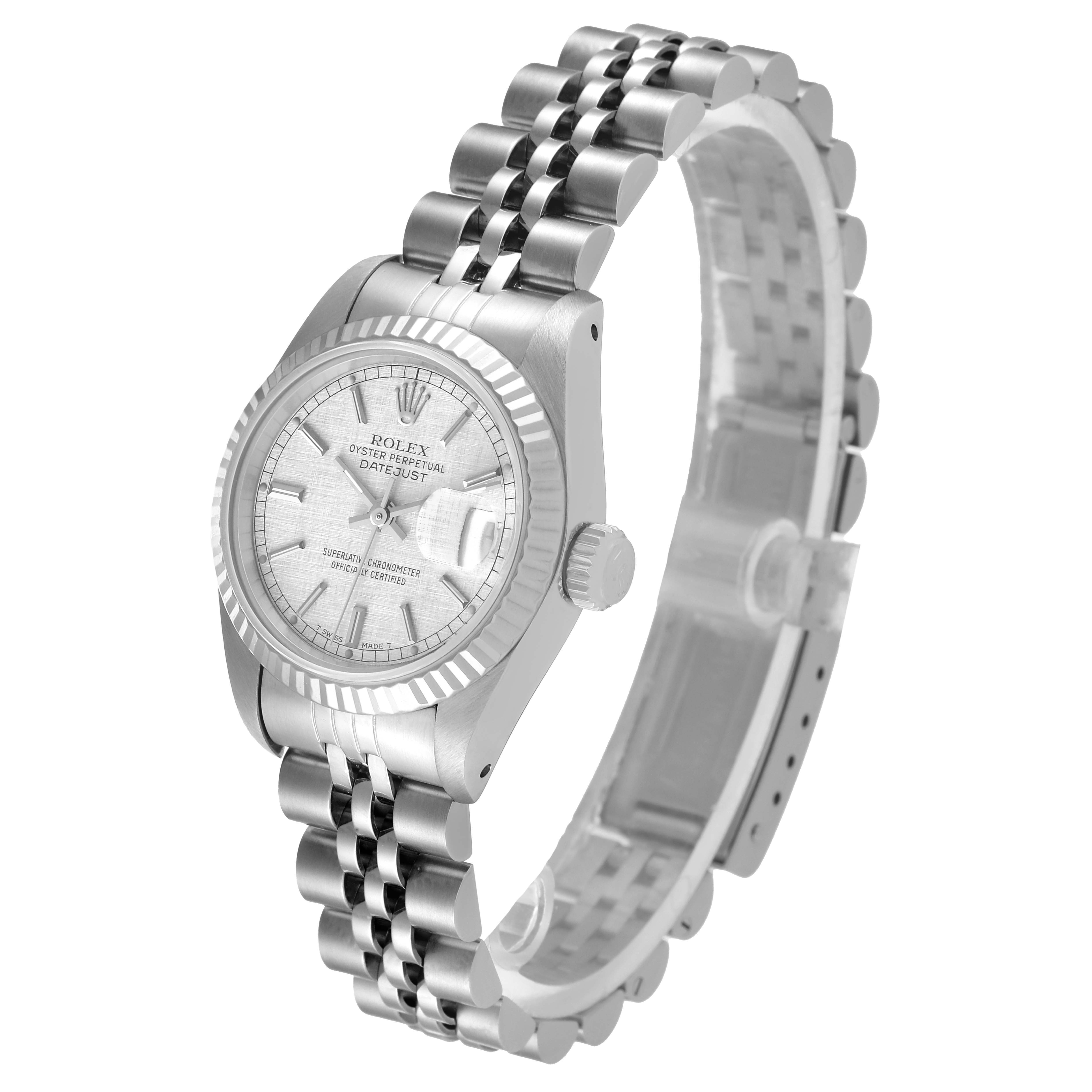 The Rolex Datejust 69174 Women
s Stainless Steel Silver Dial 69174 Women
s Stainless Steel Silver Dial watch is shown at a slight side angle, displaying the face, bezel, crown, and bracelet.