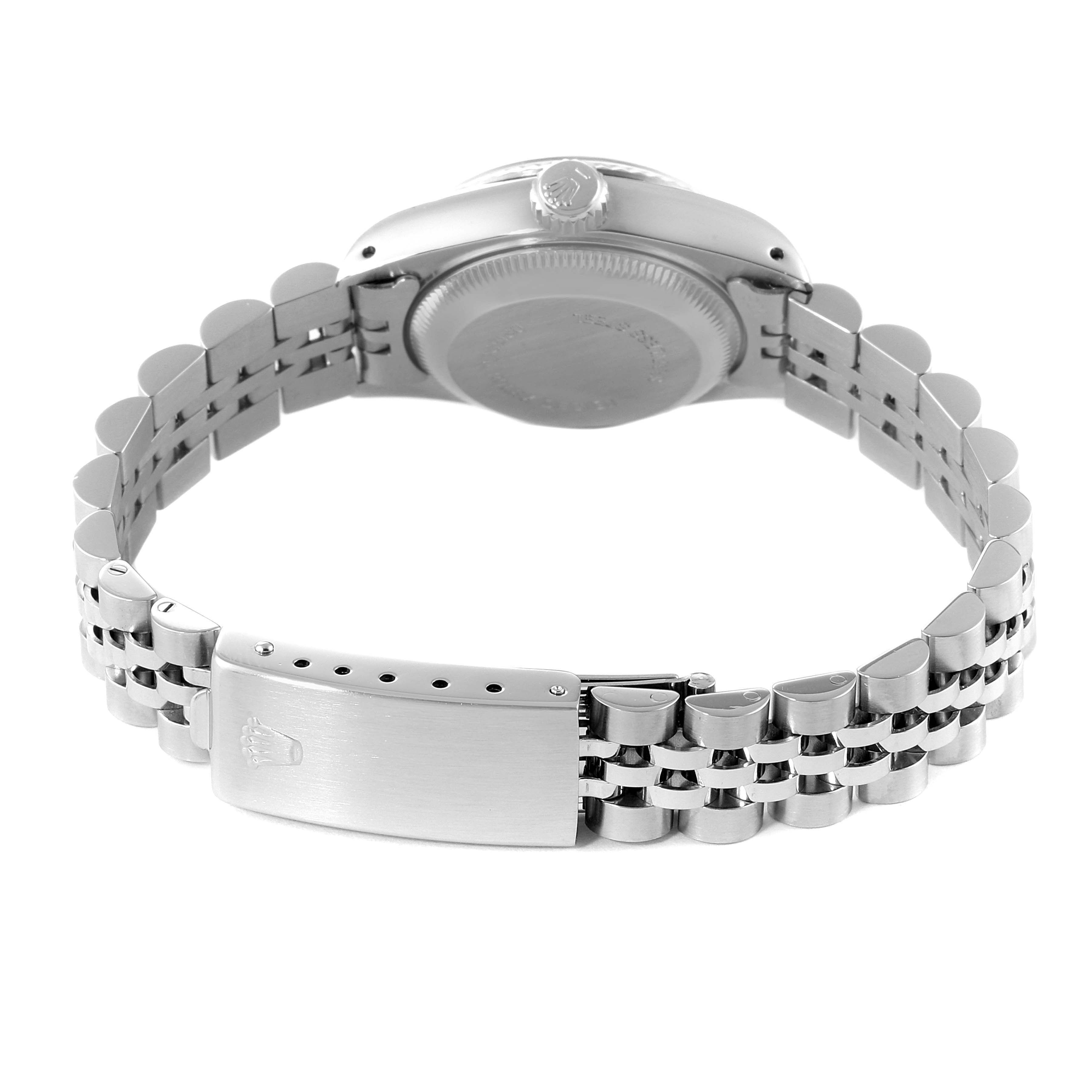 The image shows the back view of a Rolex Datejust 69174 Women
s Stainless Steel Silver Dial 69174 Women
s Stainless Steel Silver Dial watch, highlighting the case back, bracelet, and clasp.