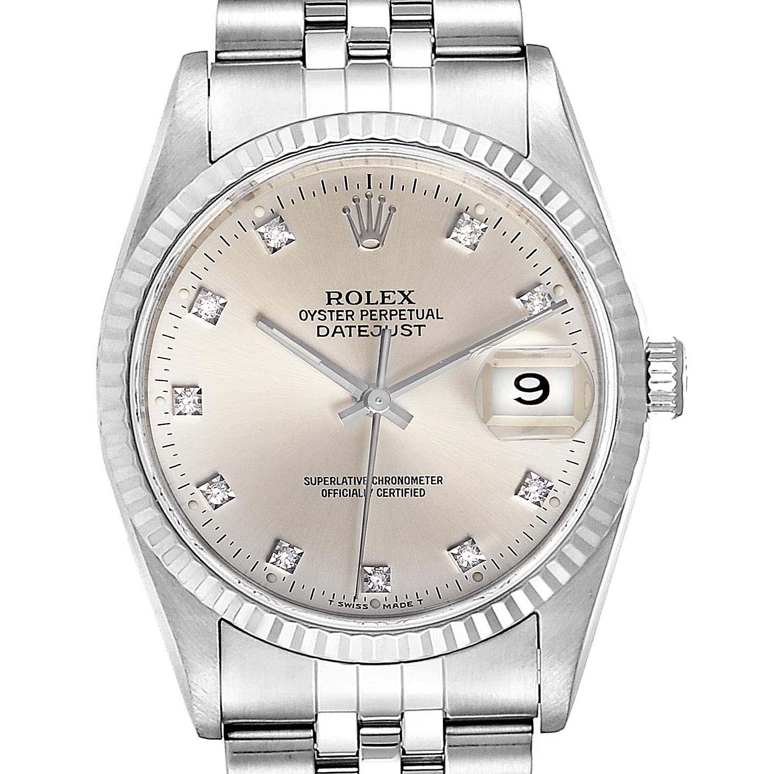 This image shows a close-up frontal view of the Rolex Datejust 16234 Men's Stainless Steel Silver Dial 16234 Men's Stainless Steel Silver Dial watch, displaying the dial, bezel, and part of the bracelet.