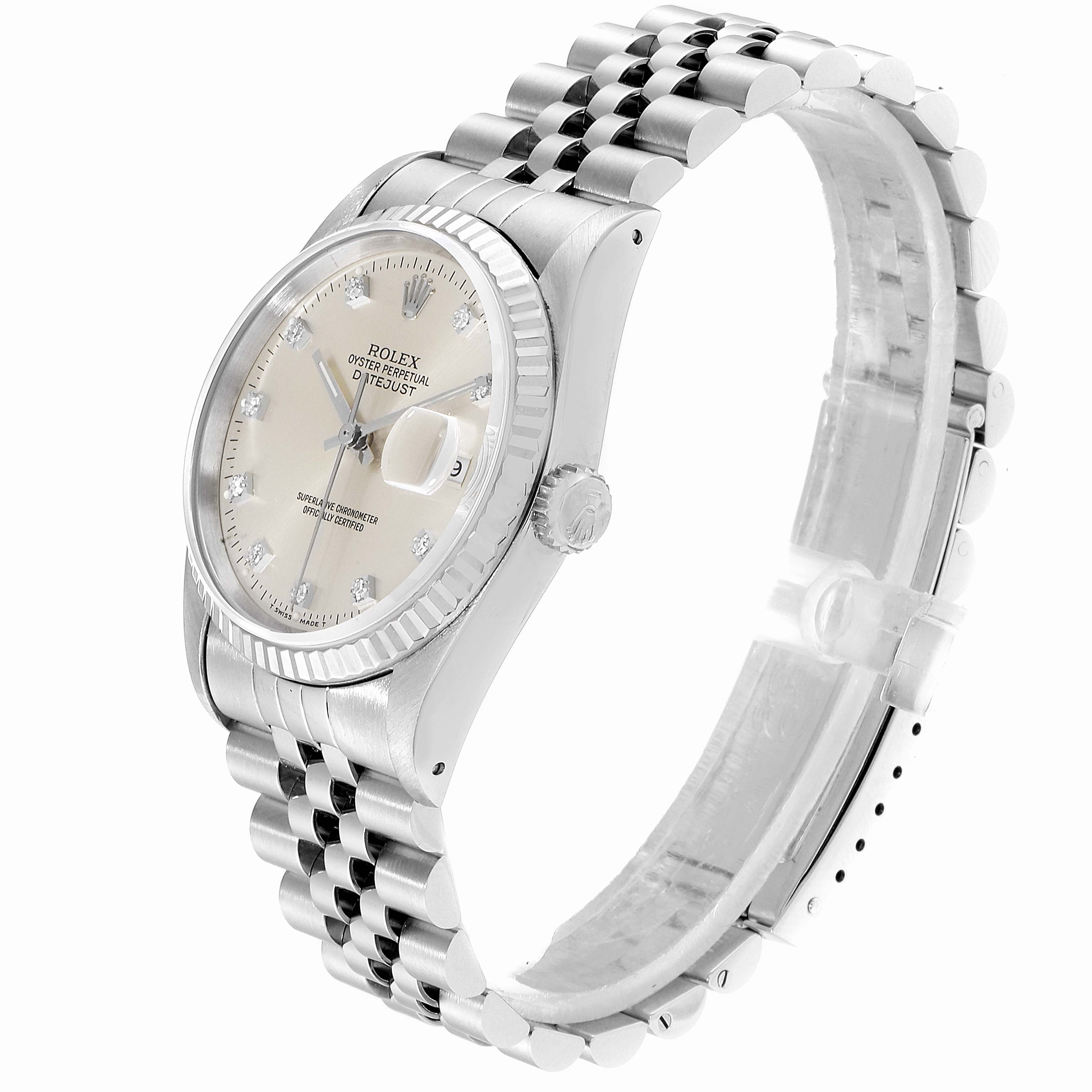 The image shows a Rolex Datejust 16234 Men's Stainless Steel Silver Dial 16234 Men's Stainless Steel Silver Dial watch at a three-quarter angle, highlighting the face, bezel, crown, and bracelet.