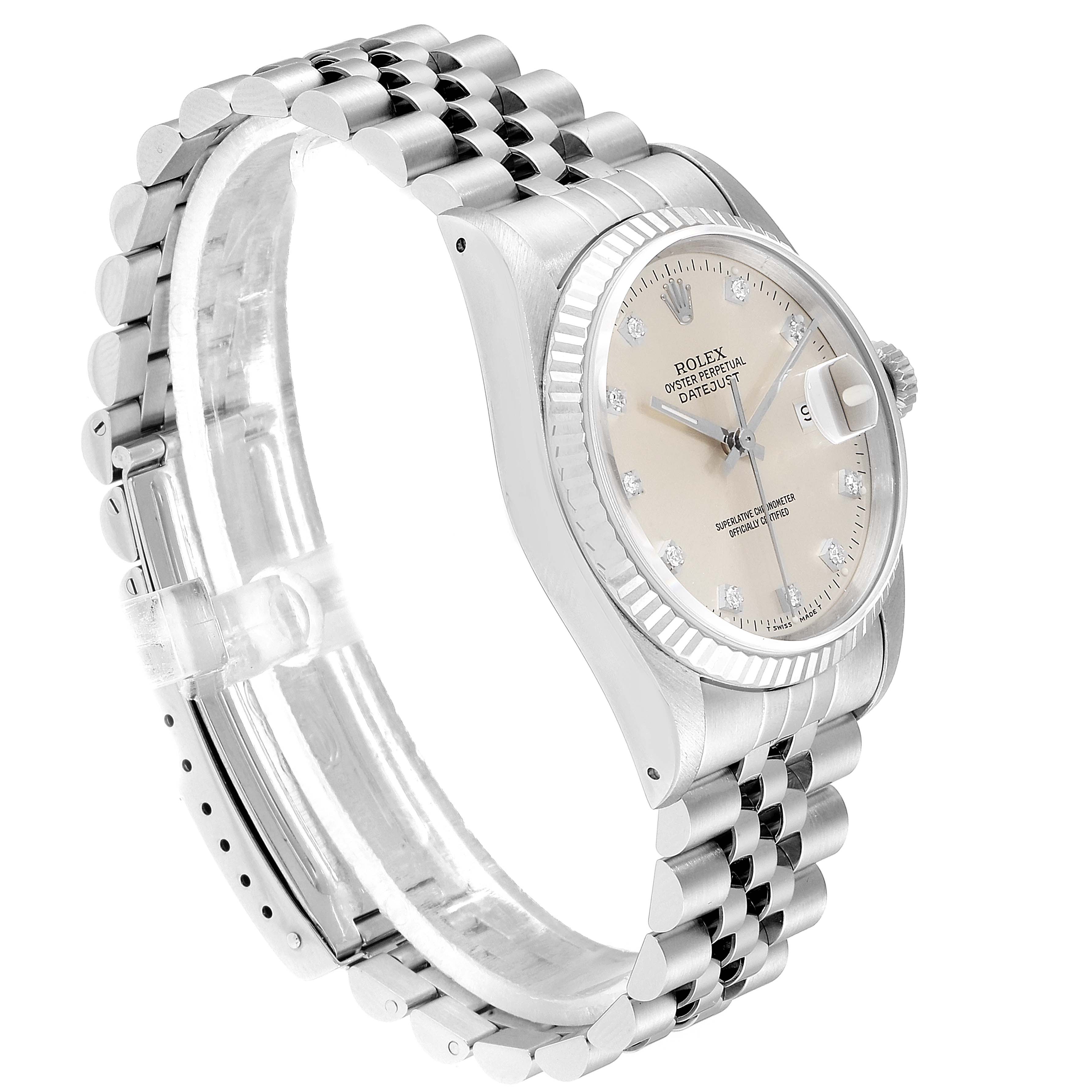 The Rolex Datejust 16234 Men's Stainless Steel Silver Dial 16234 Men's Stainless Steel Silver Dial watch is shown at a slight angle, displaying the face, bezel, crown, and Jubilee bracelet.