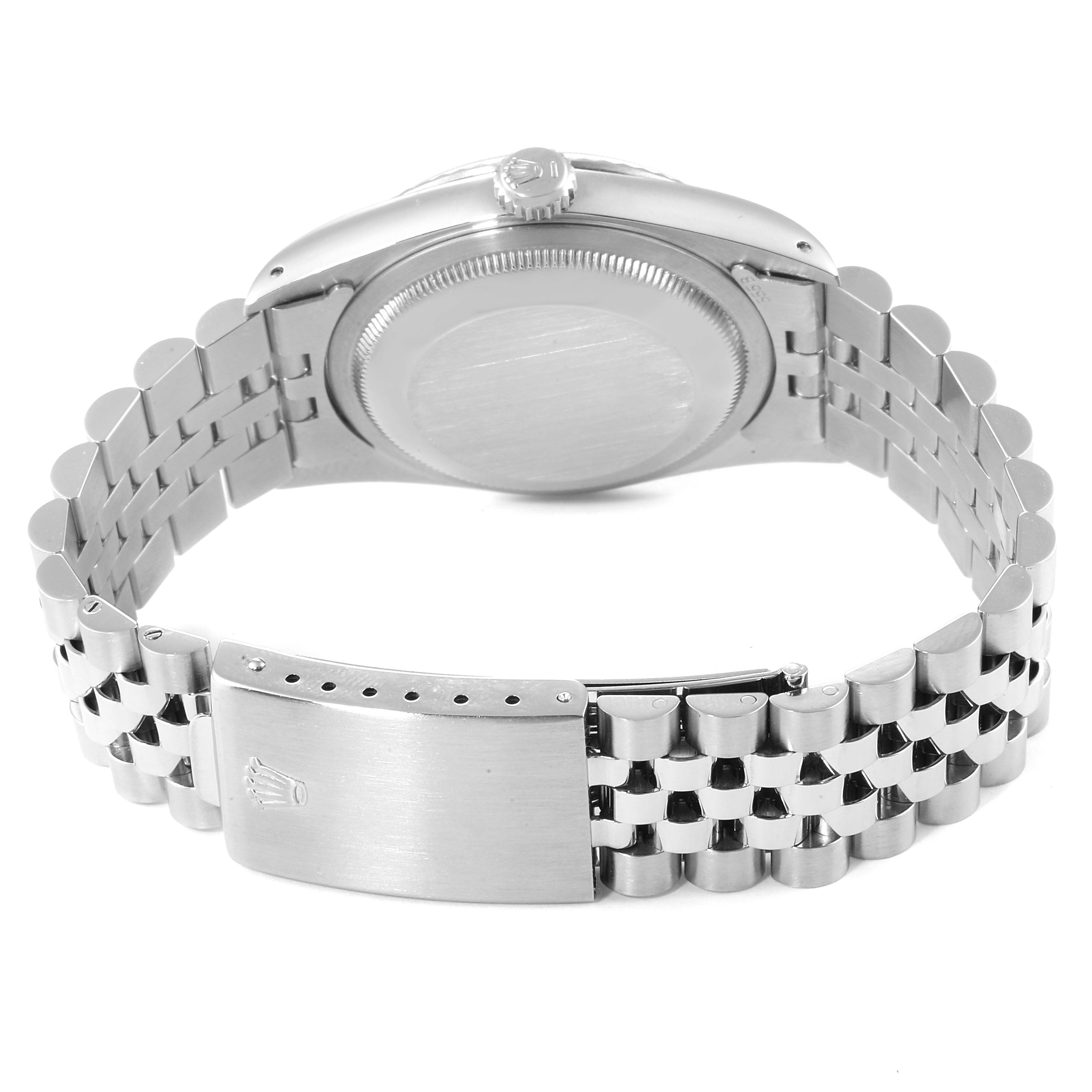 This image shows the back case and bracelet clasp of a Rolex Datejust 16234 Men's Stainless Steel Silver Dial 16234 Men's Stainless Steel Silver Dial watch from a rear angle.