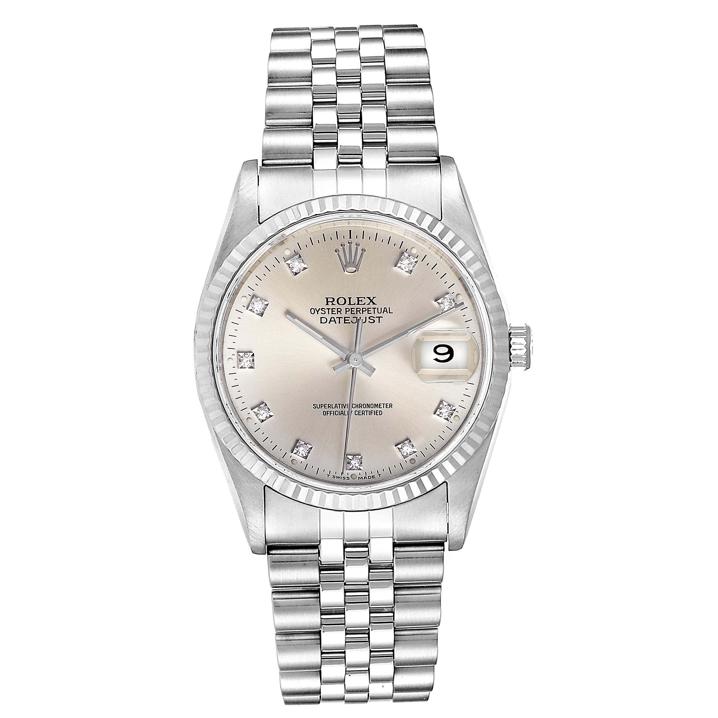 The image shows the front view of a Rolex Datejust 16234 Men's Stainless Steel Silver Dial 16234 Men's Stainless Steel Silver Dial watch, highlighting its face, fluted bezel, bracelet, and date window at 3 o’clock.