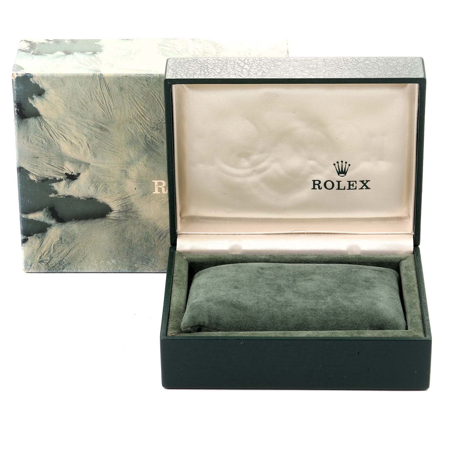 The image shows an open Rolex Datejust 16234 Men's Stainless Steel Silver Dial 16234 Men's Stainless Steel Silver Dial watch box and its outer packaging from a front angle.