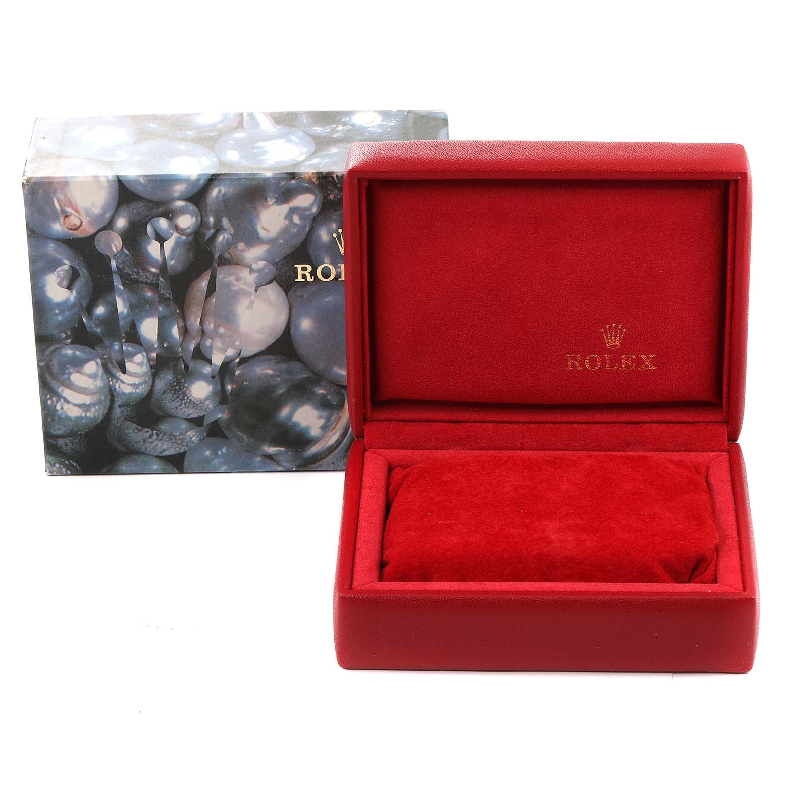 The image shows a red Rolex Datejust 79174 Women's Stainless Steel Blue Dial 79174 Women's Stainless Steel Blue Dial watch box and a decorative outer box at a front-facing angle.