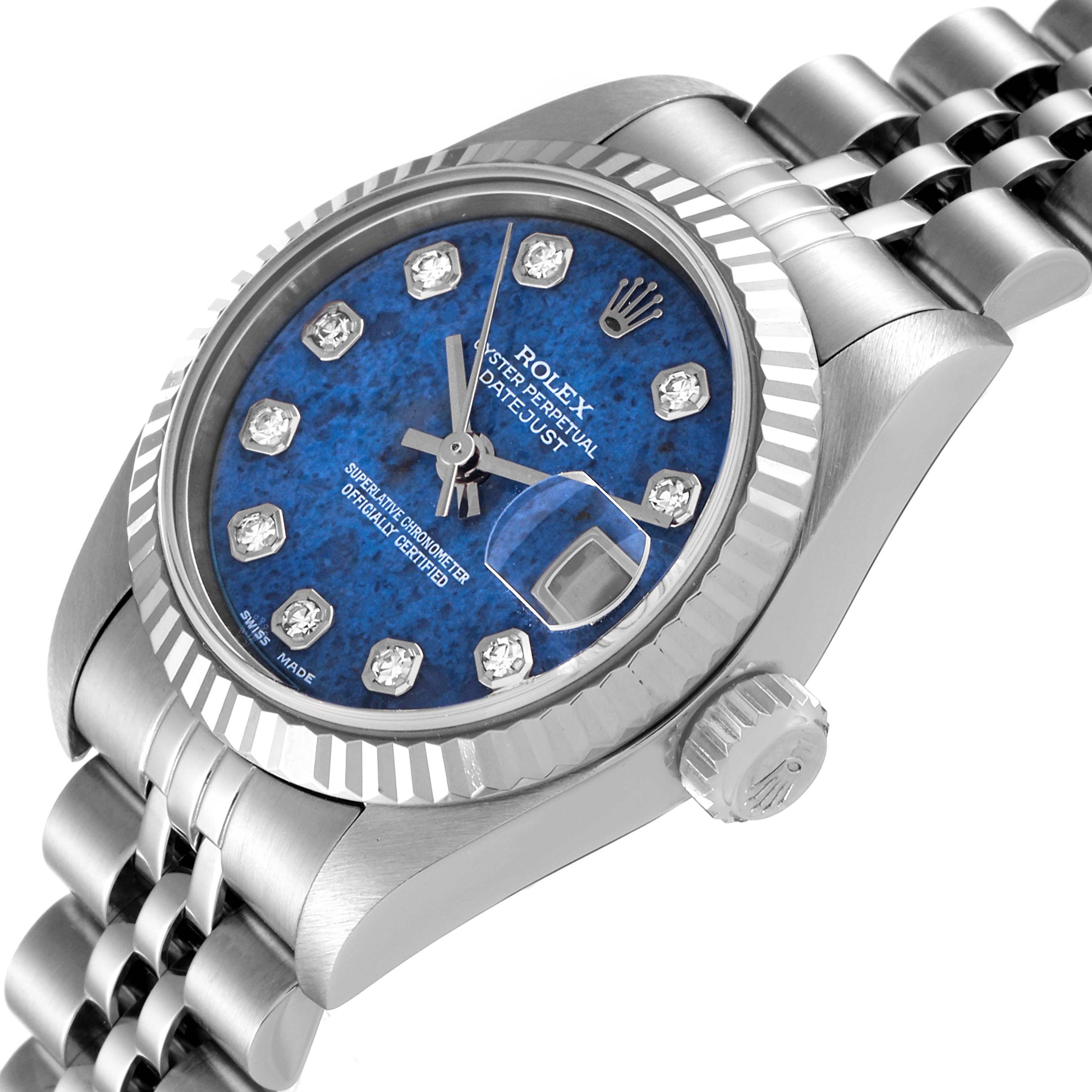This image shows a Rolex Datejust 79174 Women's Stainless Steel Blue Dial 79174 Women's Stainless Steel Blue Dial model watch at a slight angle, highlighting its blue dial, diamond hour markers, fluted bezel, and Jubilee bracelet.