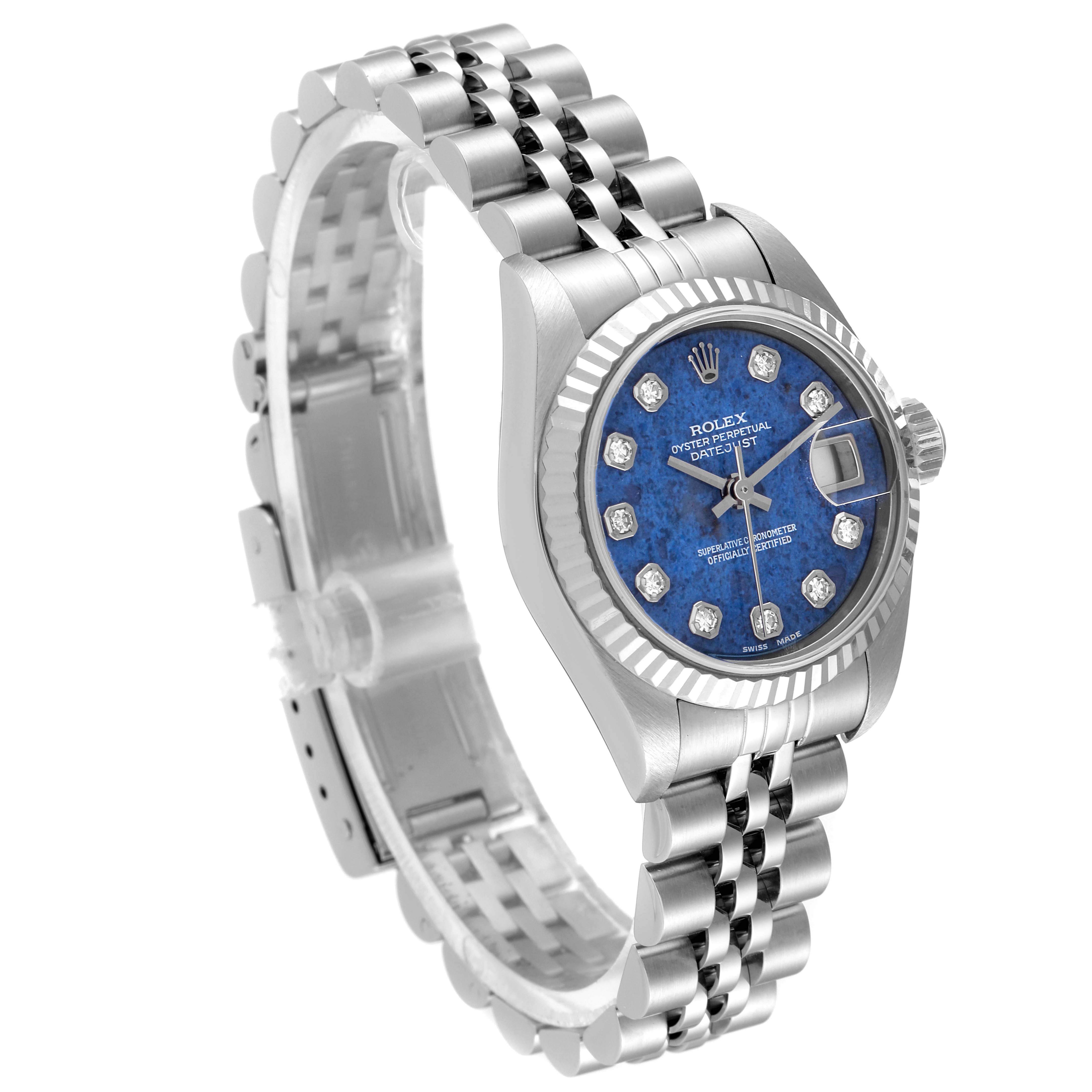 The image shows a Rolex Datejust 79174 Women's Stainless Steel Blue Dial 79174 Women's Stainless Steel Blue Dial watch angled to display the dial, bezel, crown, and bracelet.