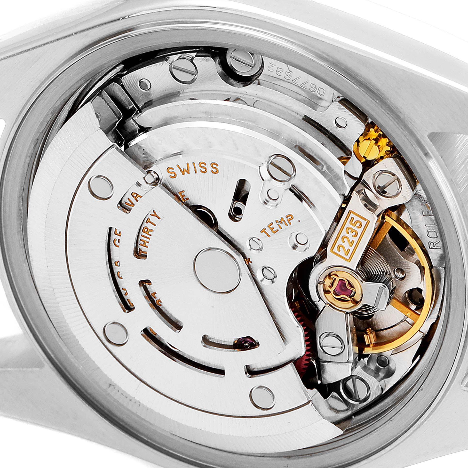 This image shows the internal movement mechanism of the Rolex Datejust 79174 Women's Stainless Steel Blue Dial 79174 Women's Stainless Steel Blue Dial watch from a close-up angle.