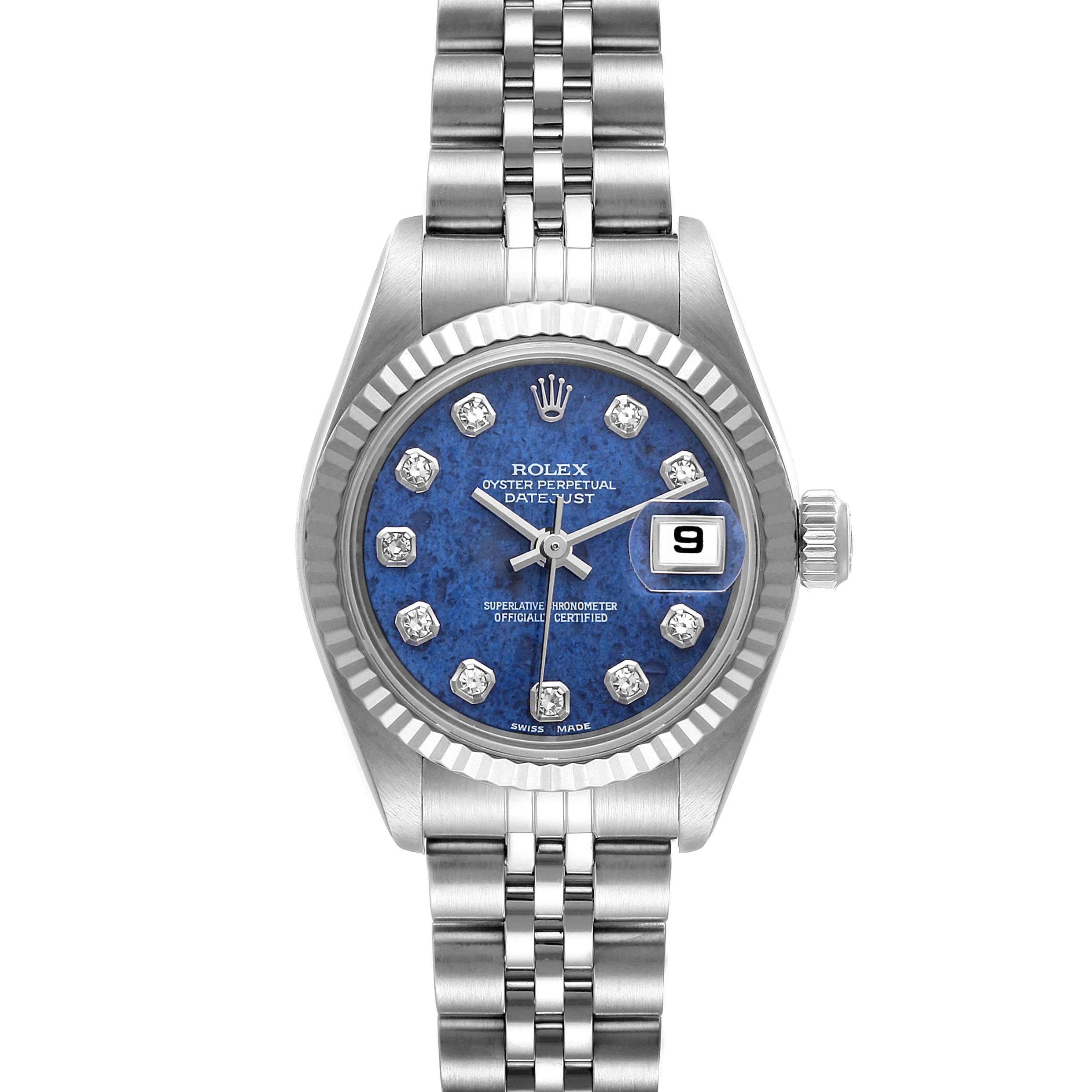 The image shows a front view of a Rolex Datejust 79174 Women's Stainless Steel Blue Dial 79174 Women's Stainless Steel Blue Dial watch, highlighting its blue dial, diamond hour markers, and Jubilee bracelet.