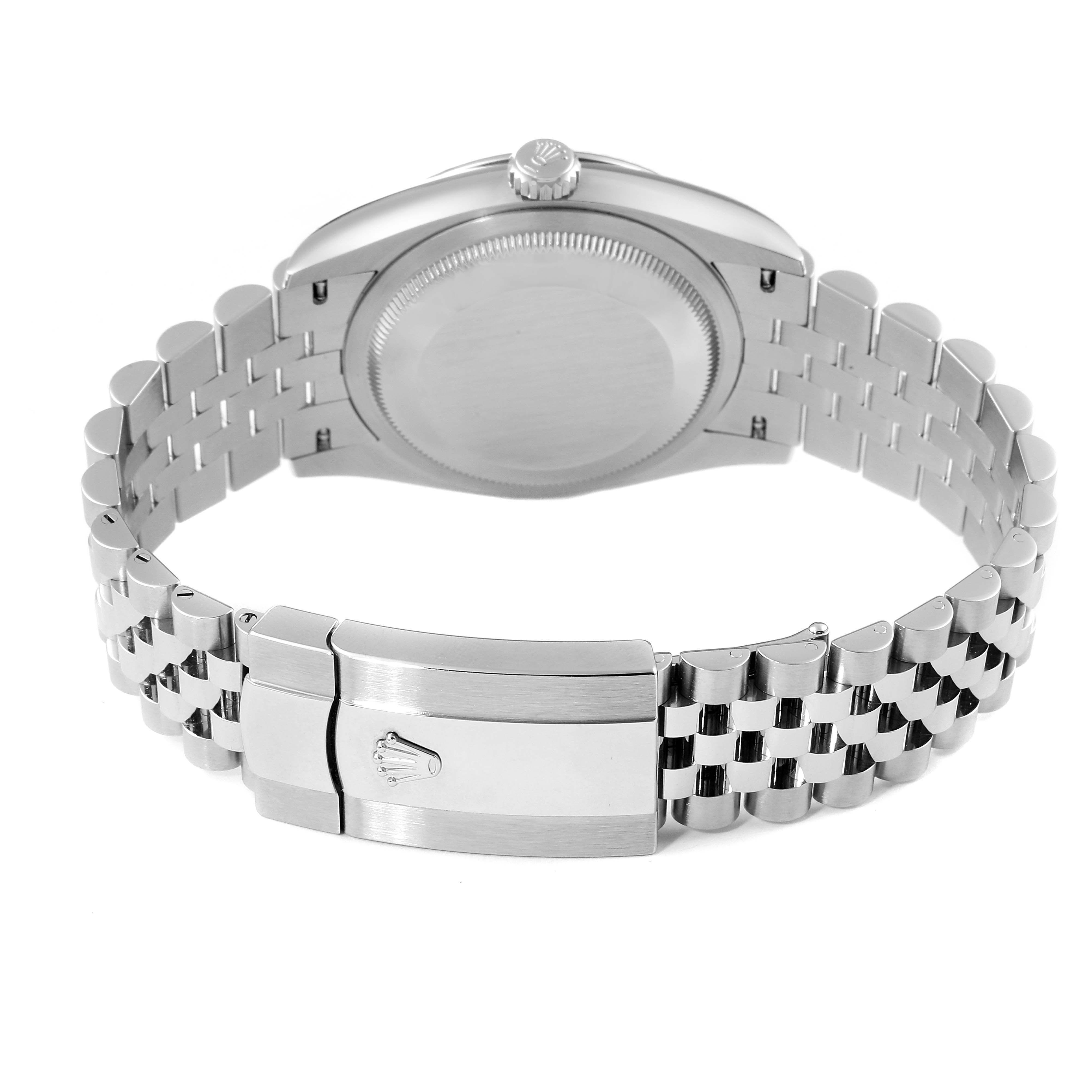 This image shows the case back, crown, and clasp of a Rolex Datejust 126234 Men's Stainless Steel White Dial 126234 Men's Stainless Steel White Dial watch, viewed from the rear.