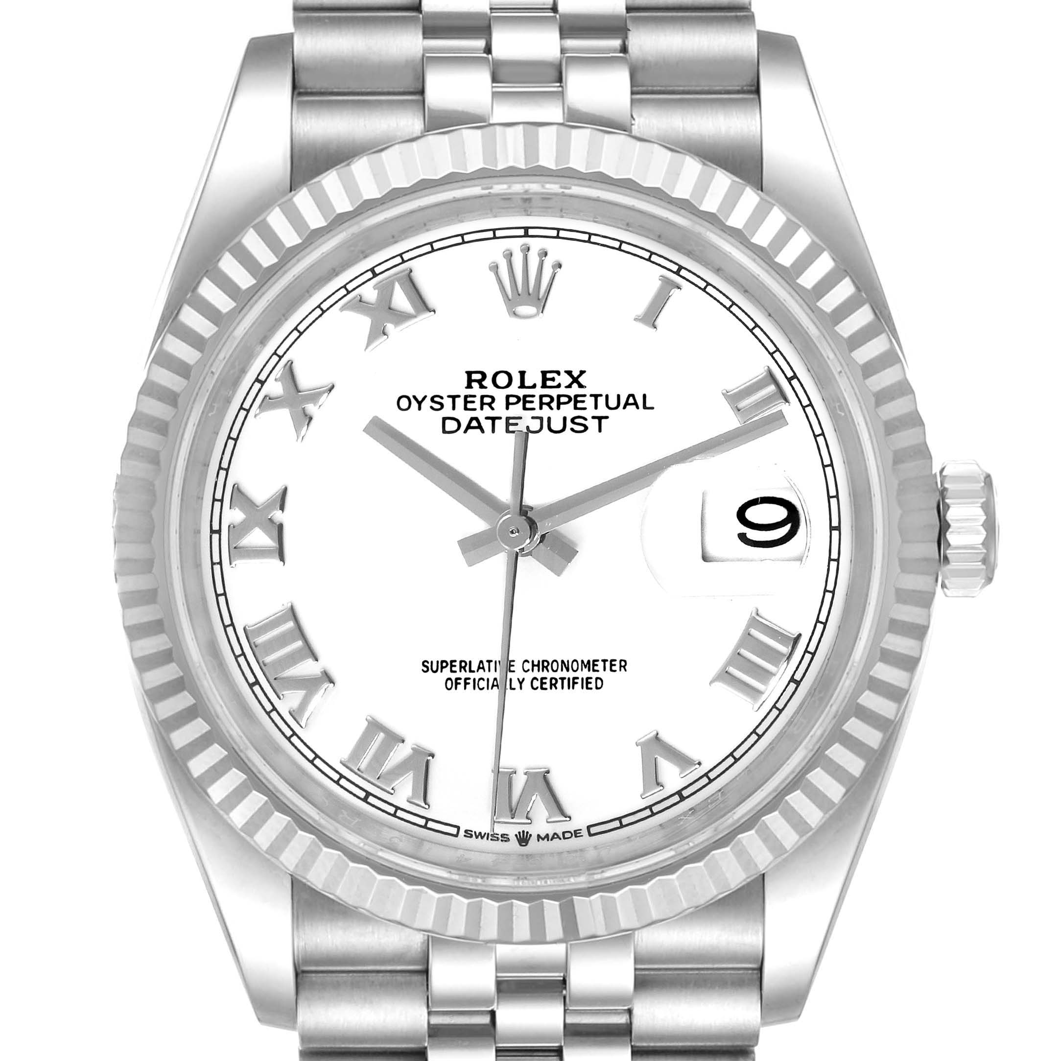 The image shows a frontal view of a Rolex Datejust 126234 Men's Stainless Steel White Dial 126234 Men's Stainless Steel White Dial watch, highlighting the dial, bezel, crown, and part of the bracelet.