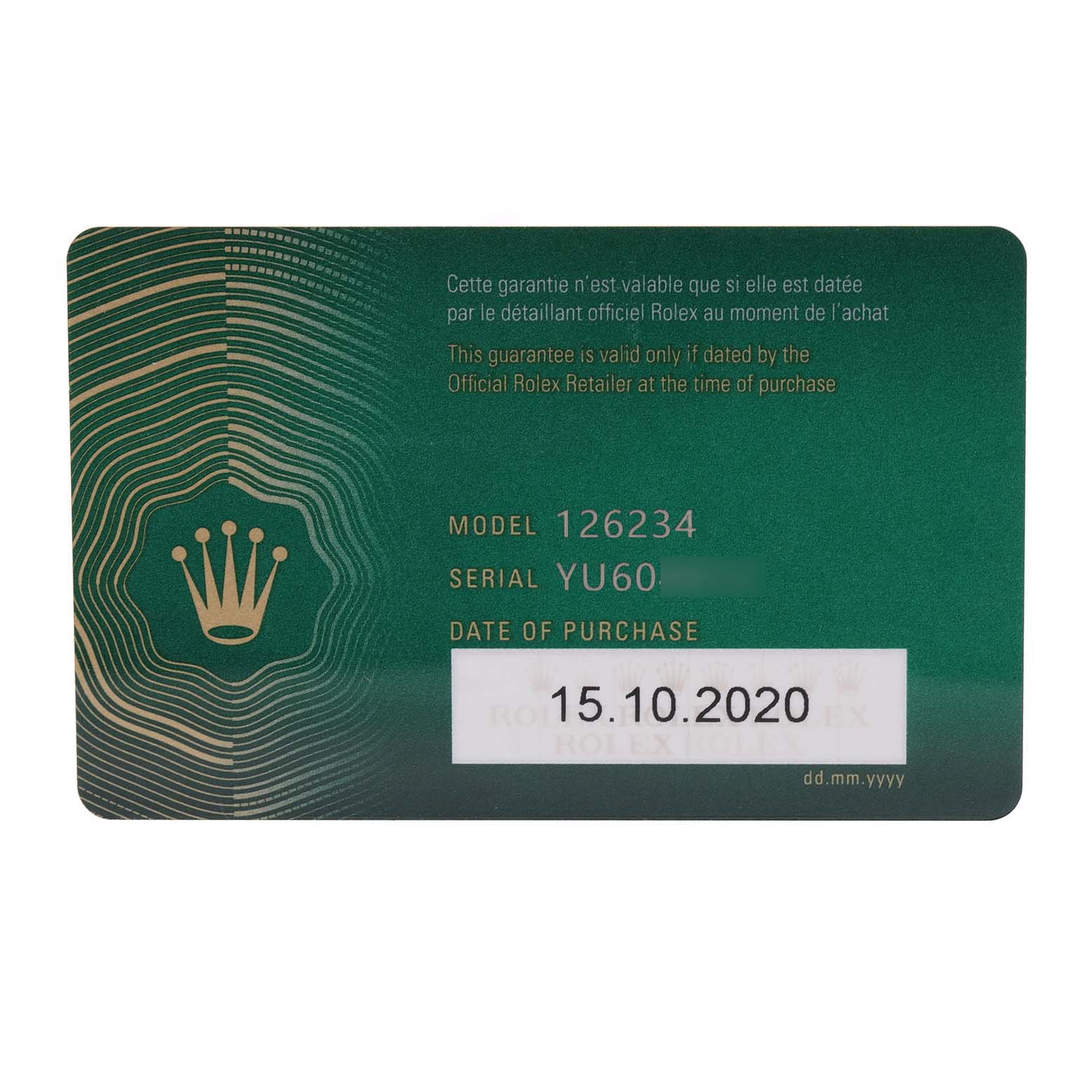 This image shows the official green guarantee card for a Rolex Datejust 126234 Men's Stainless Steel White Dial 126234 Men's Stainless Steel White Dial model 126234 watch, dated October 15, 2020.