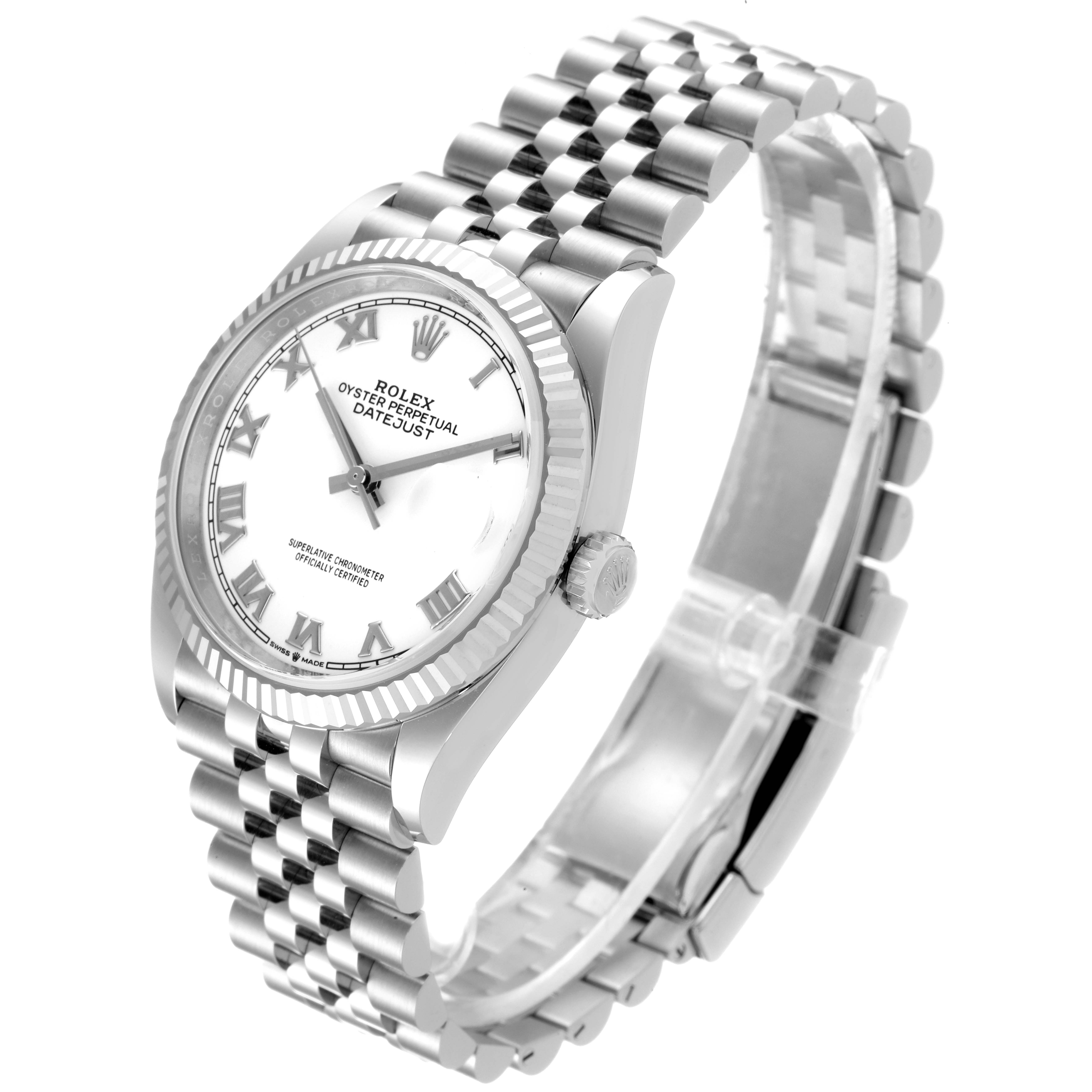 The image shows a Rolex Datejust 126234 Men's Stainless Steel White Dial 126234 Men's Stainless Steel White Dial watch from an angled top-side view, highlighting its dial, bezel, crown, and Jubilee bracelet.