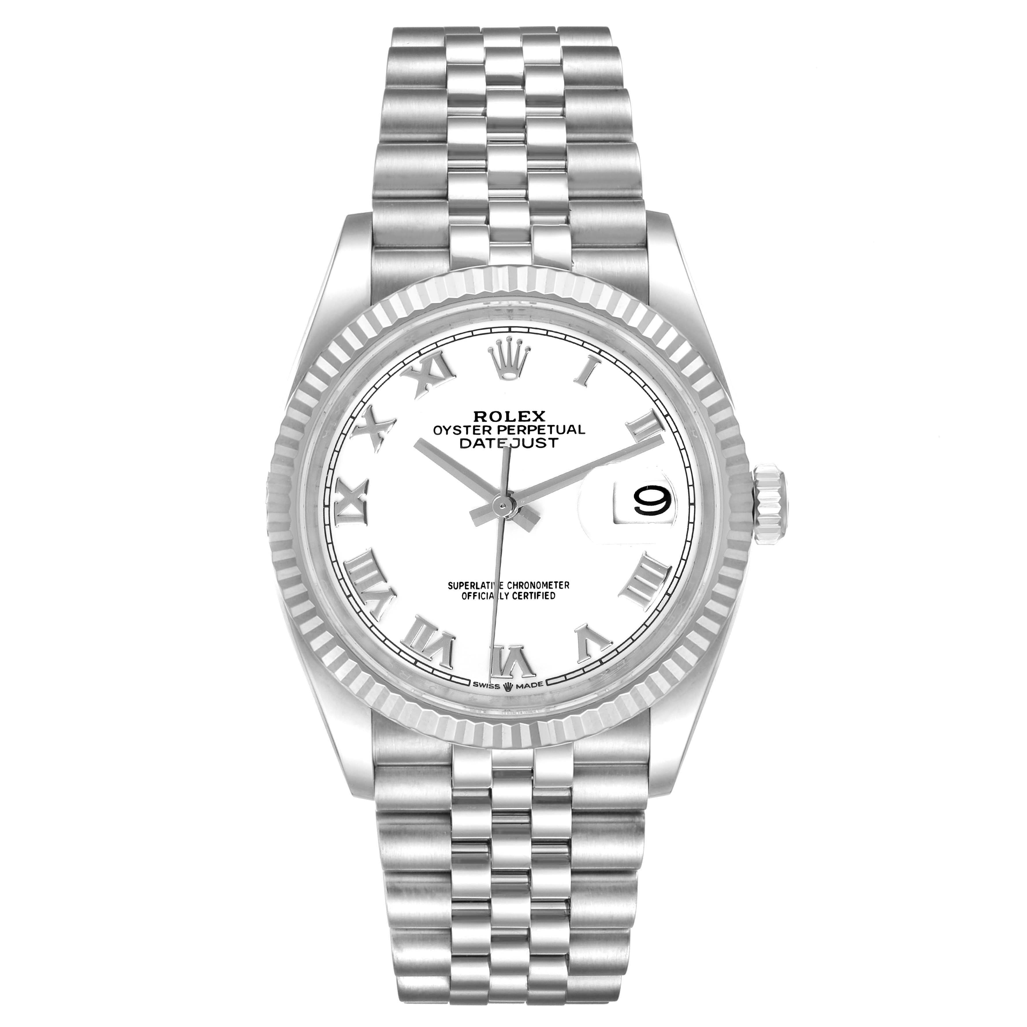 This image shows a front view of the Rolex Datejust 126234 Men's Stainless Steel White Dial 126234 Men's Stainless Steel White Dial watch, displaying the dial, bezel, and bracelet.