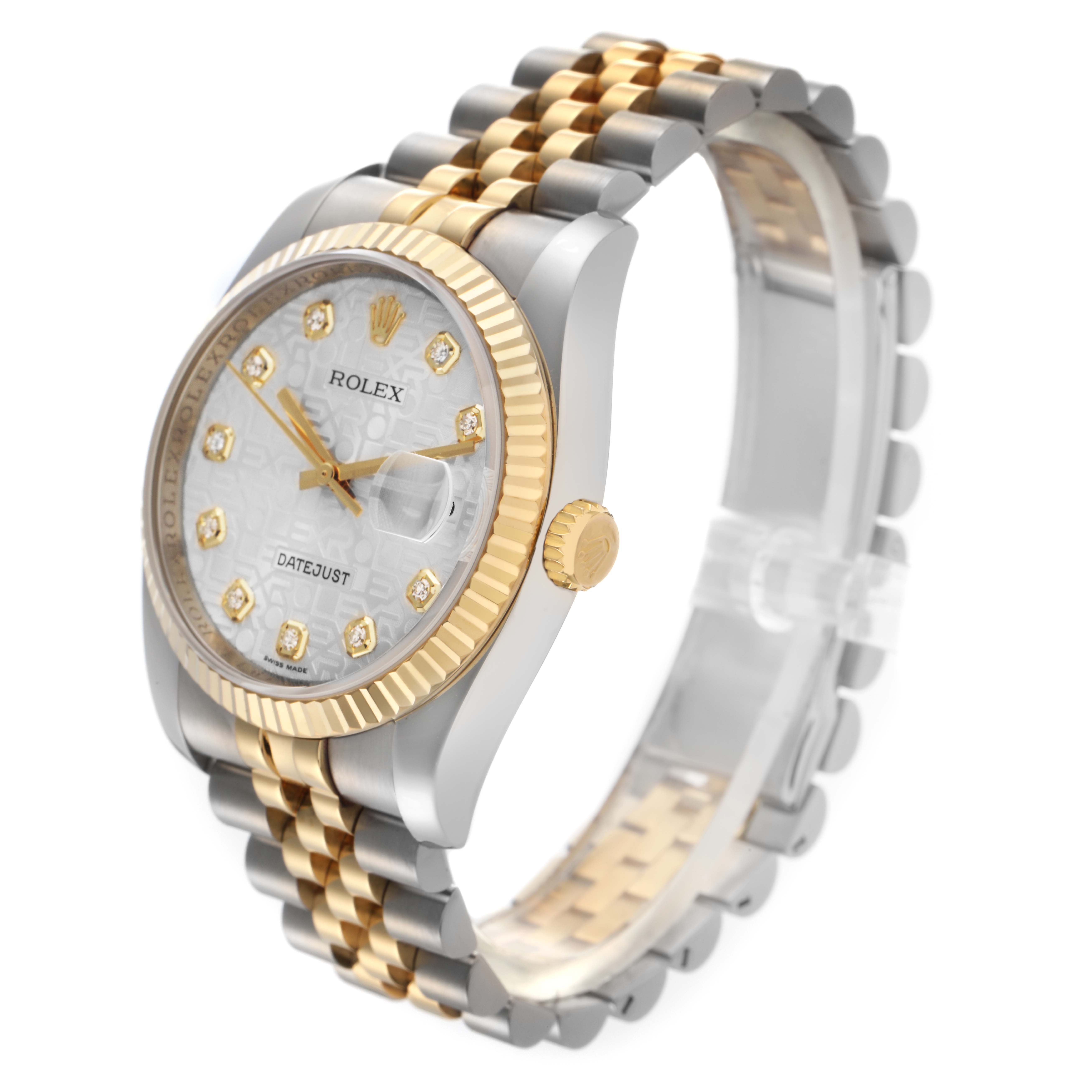 The Rolex Datejust 116233 Men's Steel and Gold (two tone) Silver Dial 116233 Men's Steel and Gold (two tone) Silver Dial watch is shown at a three-quarter angle, highlighting its two-tone bracelet, fluted bezel, and diamond hour markers.