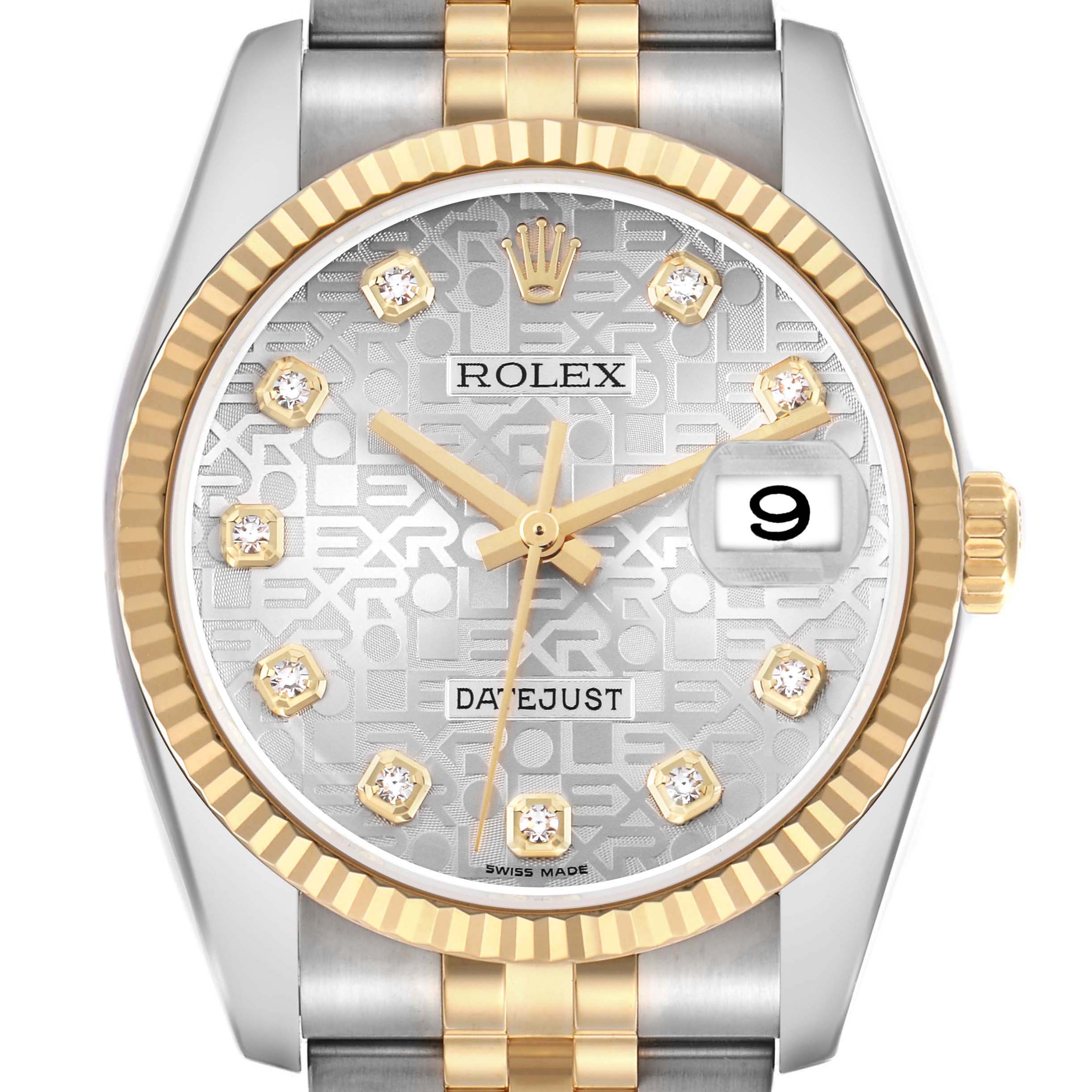 The Rolex Datejust 116233 Men's Steel and Gold (two tone) Silver Dial 116233 Men's Steel and Gold (two tone) Silver Dial watch is shown from the front, displaying its dial, bezel, hands, and part of the bracelet.