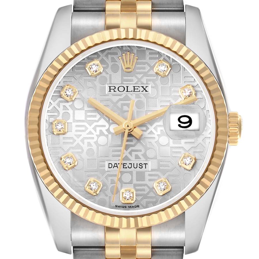 The Rolex Datejust watch is shown from the front, displaying its dial, bezel, hands, and part of the bracelet.