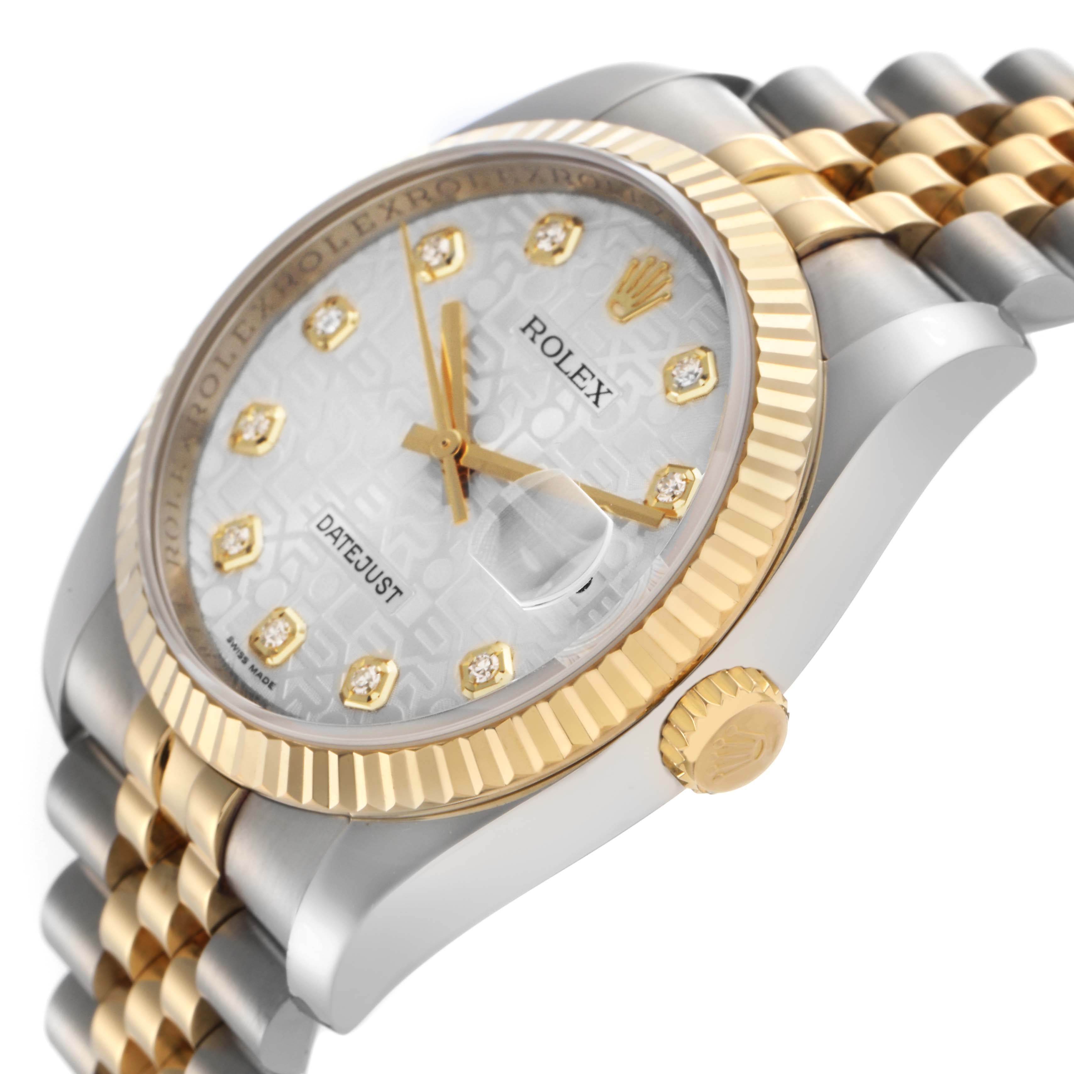 The Rolex Datejust 116233 Men's Steel and Gold (two tone) Silver Dial 116233 Men's Steel and Gold (two tone) Silver Dial watch is shown at an oblique angle, highlighting the face, bezel, crown, and bracelet.