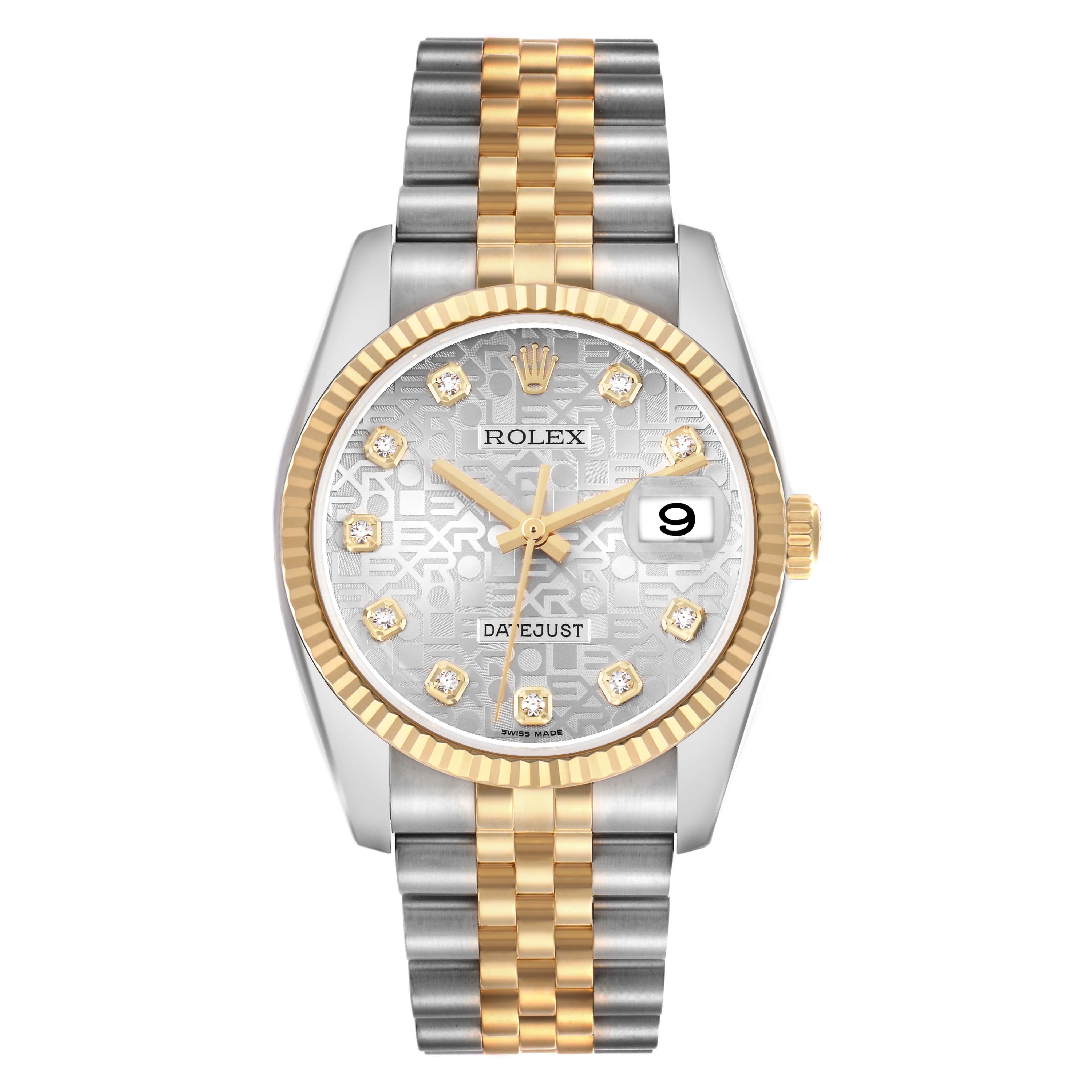 The Rolex Datejust 116233 Men's Steel and Gold (two tone) Silver Dial 116233 Men's Steel and Gold (two tone) Silver Dial watch is shown from a front angle, highlighting its two-tone bracelet, fluted bezel, and date display.
