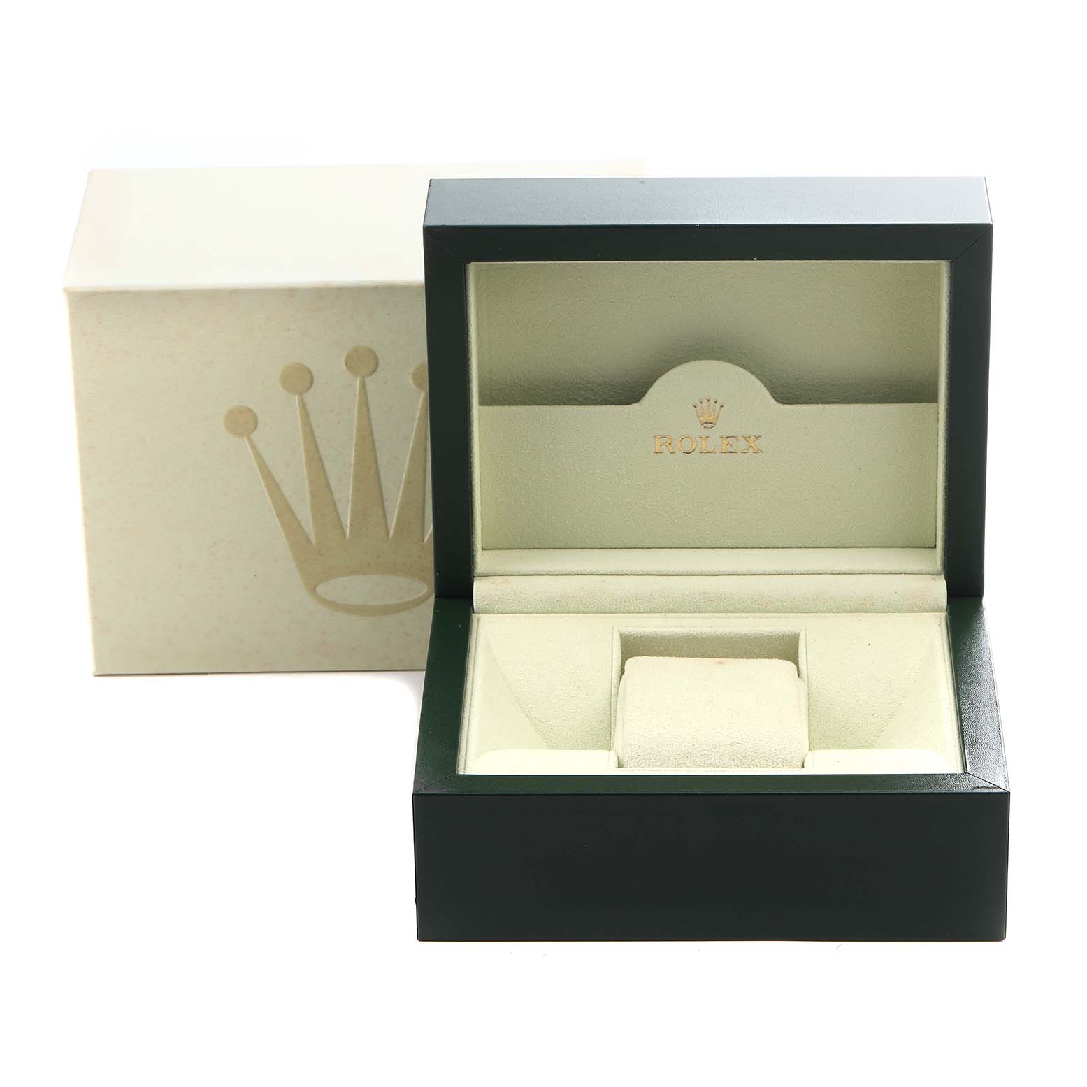 The image shows a Rolex Datejust 116233 Men's Steel and Gold (two tone) Silver Dial 116233 Men's Steel and Gold (two tone) Silver Dial watch box open with an outer box featuring the Rolex logo.