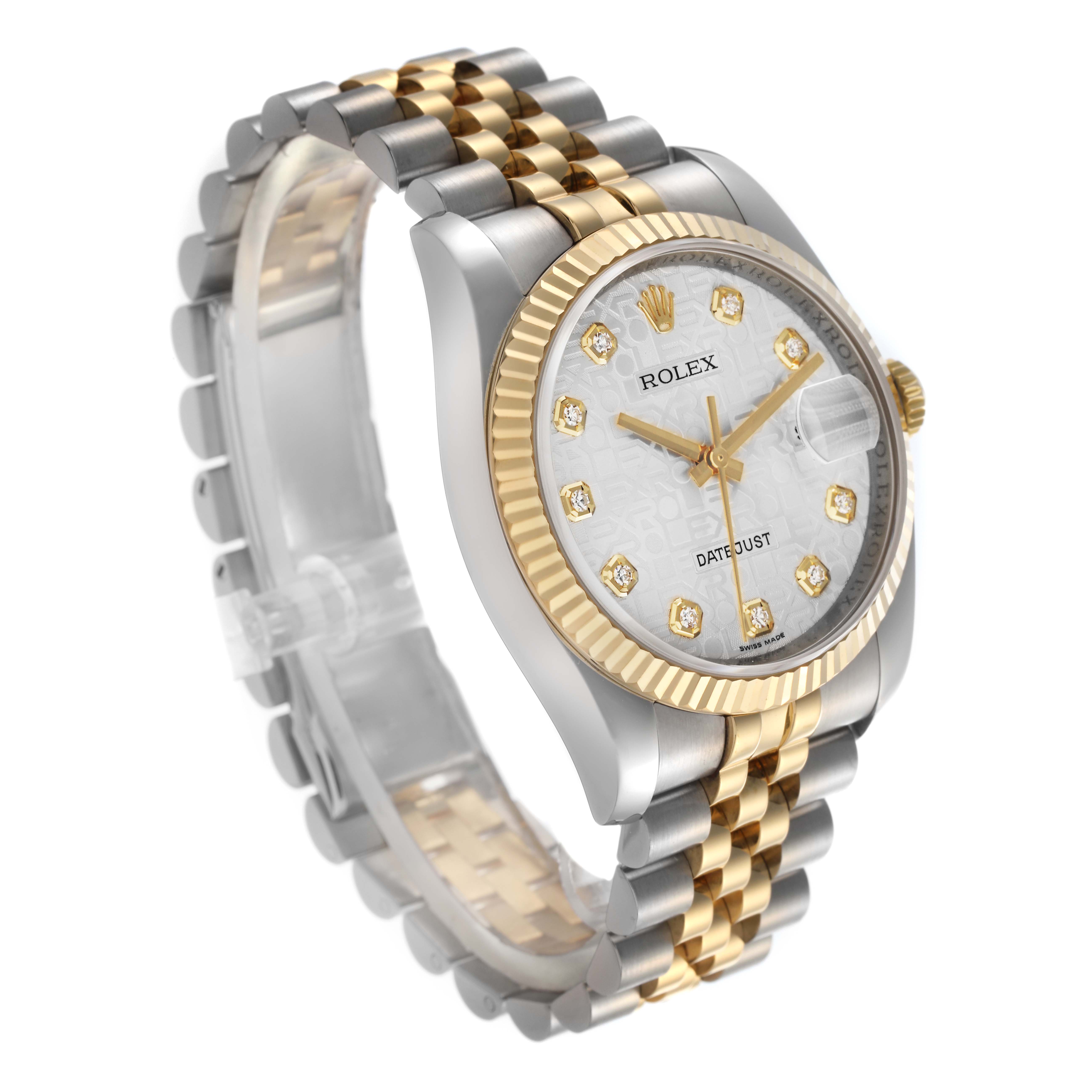 The Rolex Datejust 116233 Men's Steel and Gold (two tone) Silver Dial 116233 Men's Steel and Gold (two tone) Silver Dial is shown at a three-quarter angle, highlighting the fluted bezel, jubilee bracelet, and diamond markers.