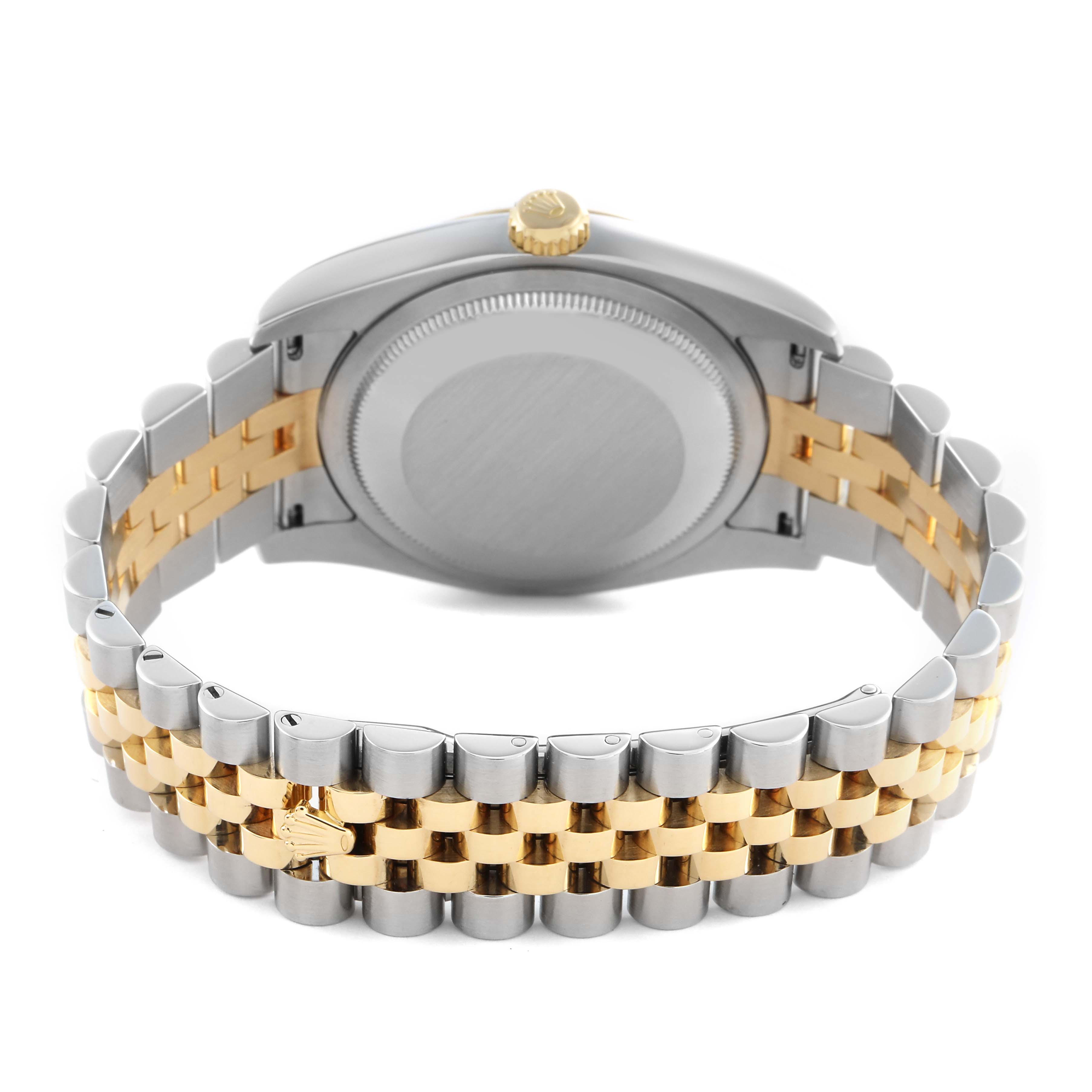 The image shows the back view of a Rolex Datejust 116233 Men's Steel and Gold (two tone) Silver Dial 116233 Men's Steel and Gold (two tone) Silver Dial, highlighting its case back and two-tone bracelet.