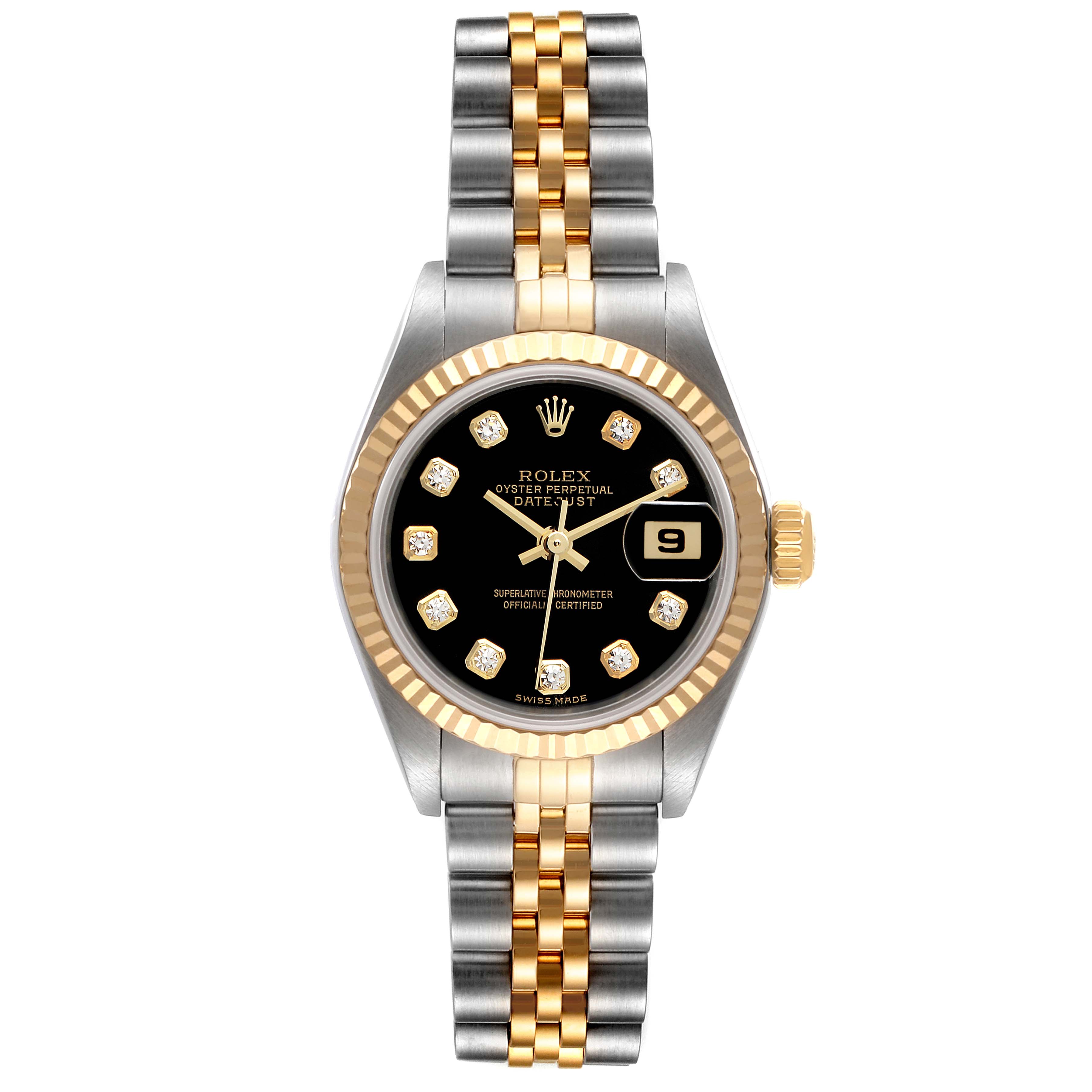 The image shows a frontal view of a Rolex Datejust 79173 Women's Steel and Gold (two tone) Black Dial 79173 Women's Steel and Gold (two tone) Black Dial watch, displaying its black dial, fluted bezel, Jubilee bracelet, and date window.