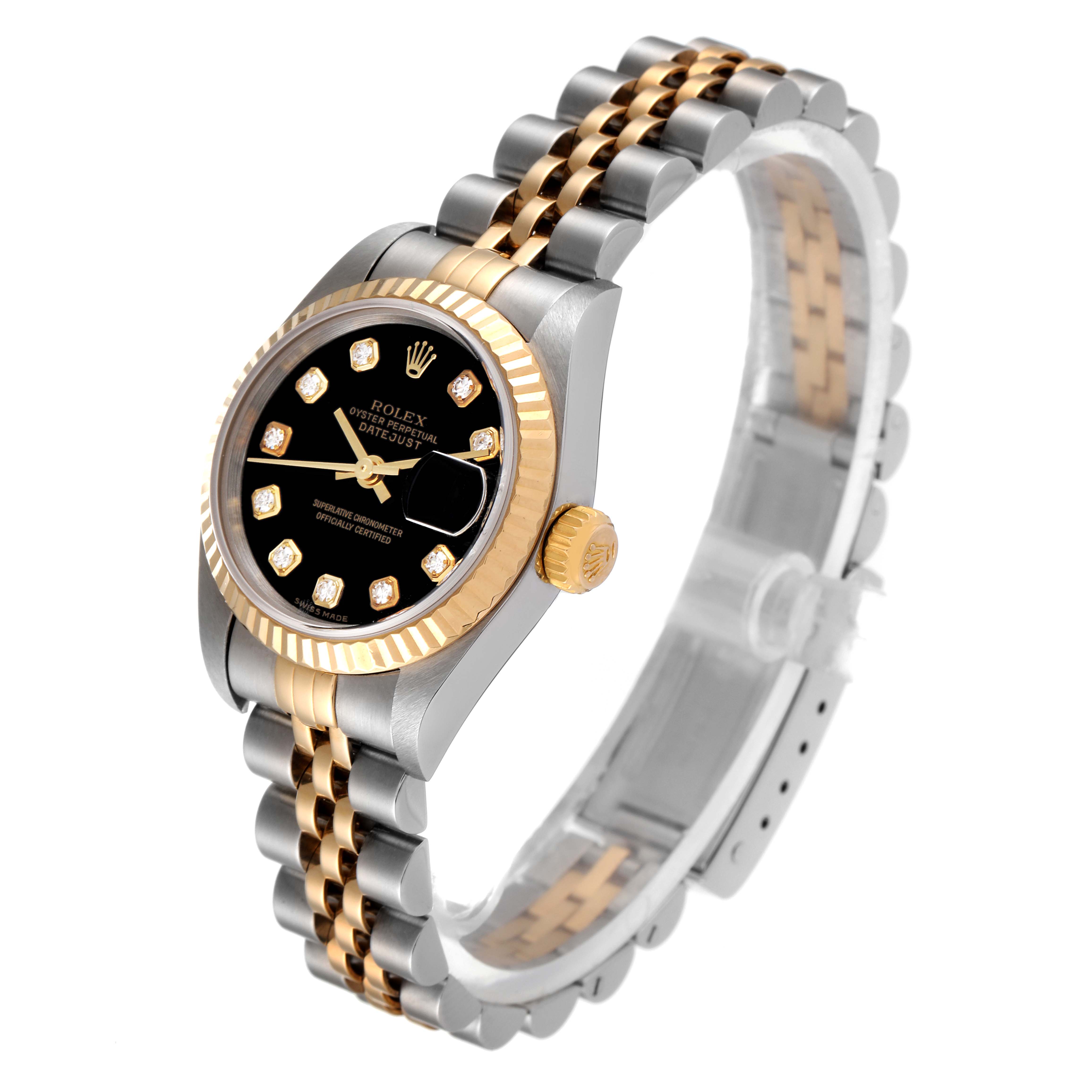 The Rolex Datejust 79173 Women's Steel and Gold (two tone) Black Dial 79173 Women's Steel and Gold (two tone) Black Dial watch is shown at a side angle, featuring its two-tone bracelet, bezel, and black dial with diamond hour markers.