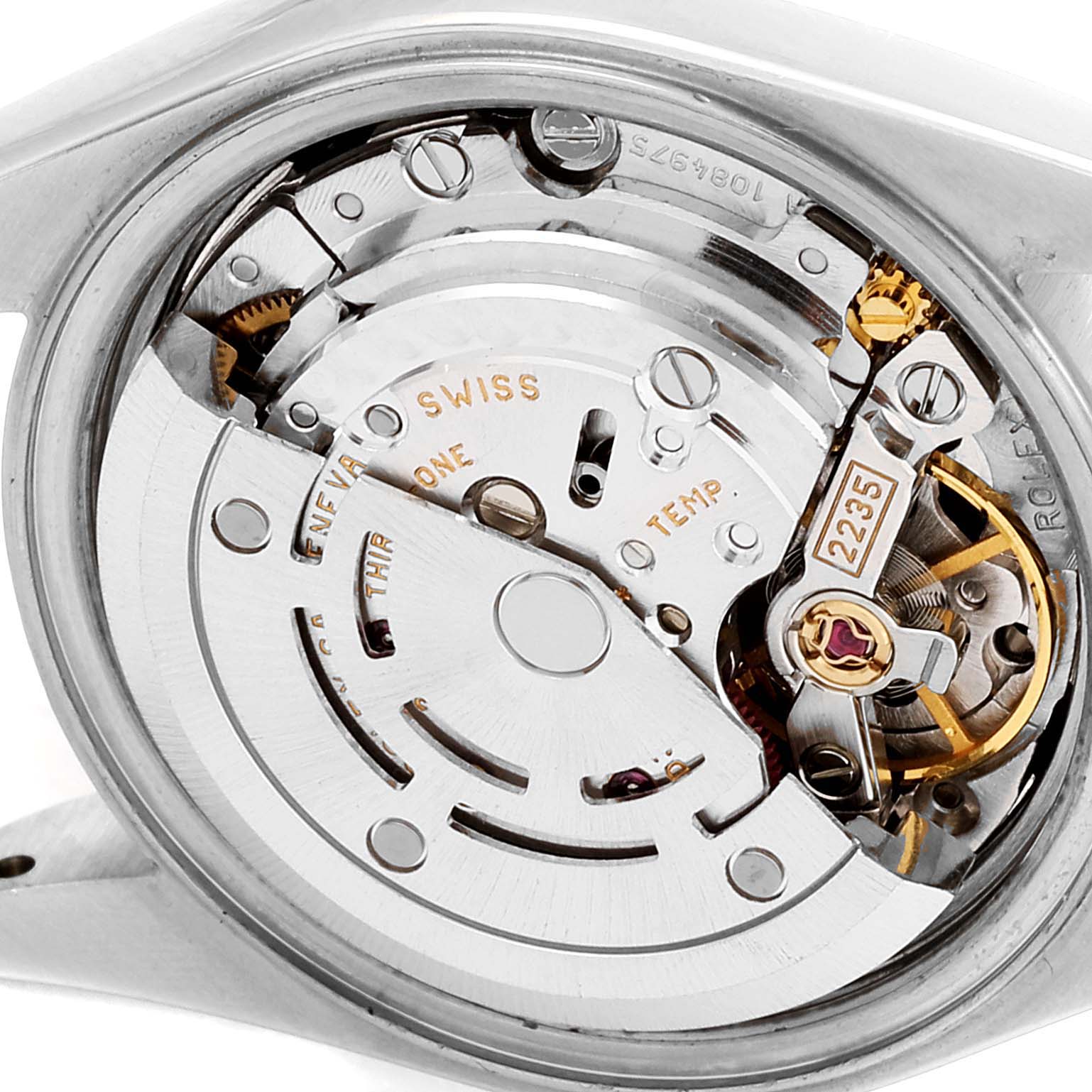 The image shows the internal movement mechanism of a Rolex Datejust 79173 Women's Steel and Gold (two tone) Black Dial 79173 Women's Steel and Gold (two tone) Black Dial watch, viewed from the back.