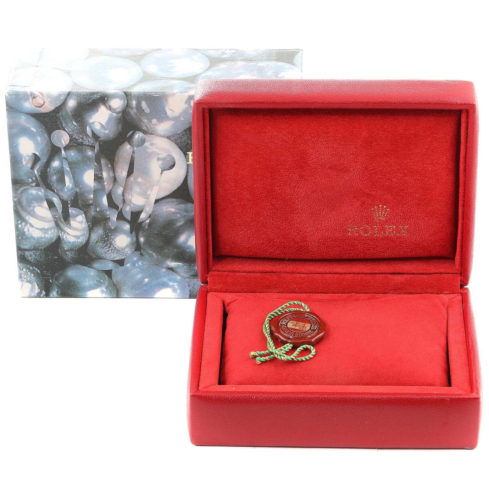 The image shows a Rolex Datejust 79173 Women's Steel and Gold (two tone) Black Dial 79173 Women's Steel and Gold (two tone) Black Dial watch box and tag from a frontal angle.