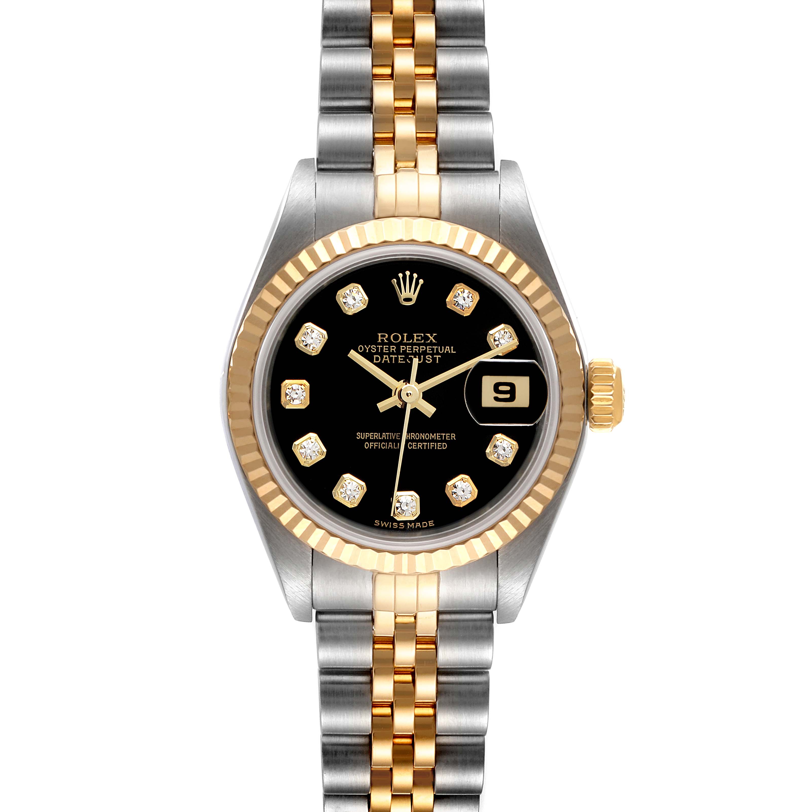 This image shows a Rolex Datejust 79173 Women's Steel and Gold (two tone) Black Dial 79173 Women's Steel and Gold (two tone) Black Dial watch from a front angle, displaying its face, bezel, and bracelet.