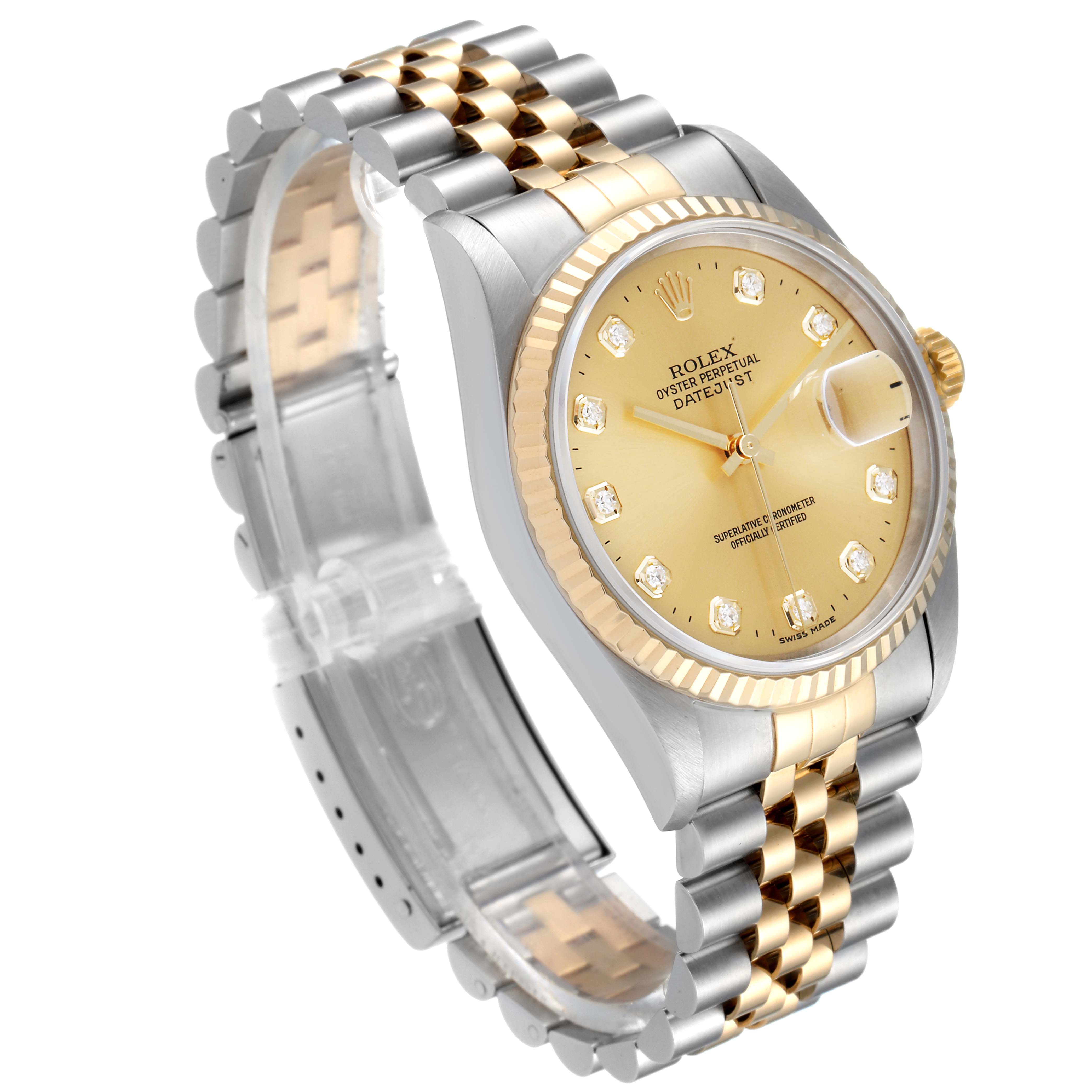 This image shows a Rolex Datejust 16233 Men's Steel and Gold (two tone) Champagne Dial 16233 Men's Steel and Gold (two tone) Champagne Dial watch at a three-quarter angle, highlighting its two-tone bracelet and diamond-accented gold dial.