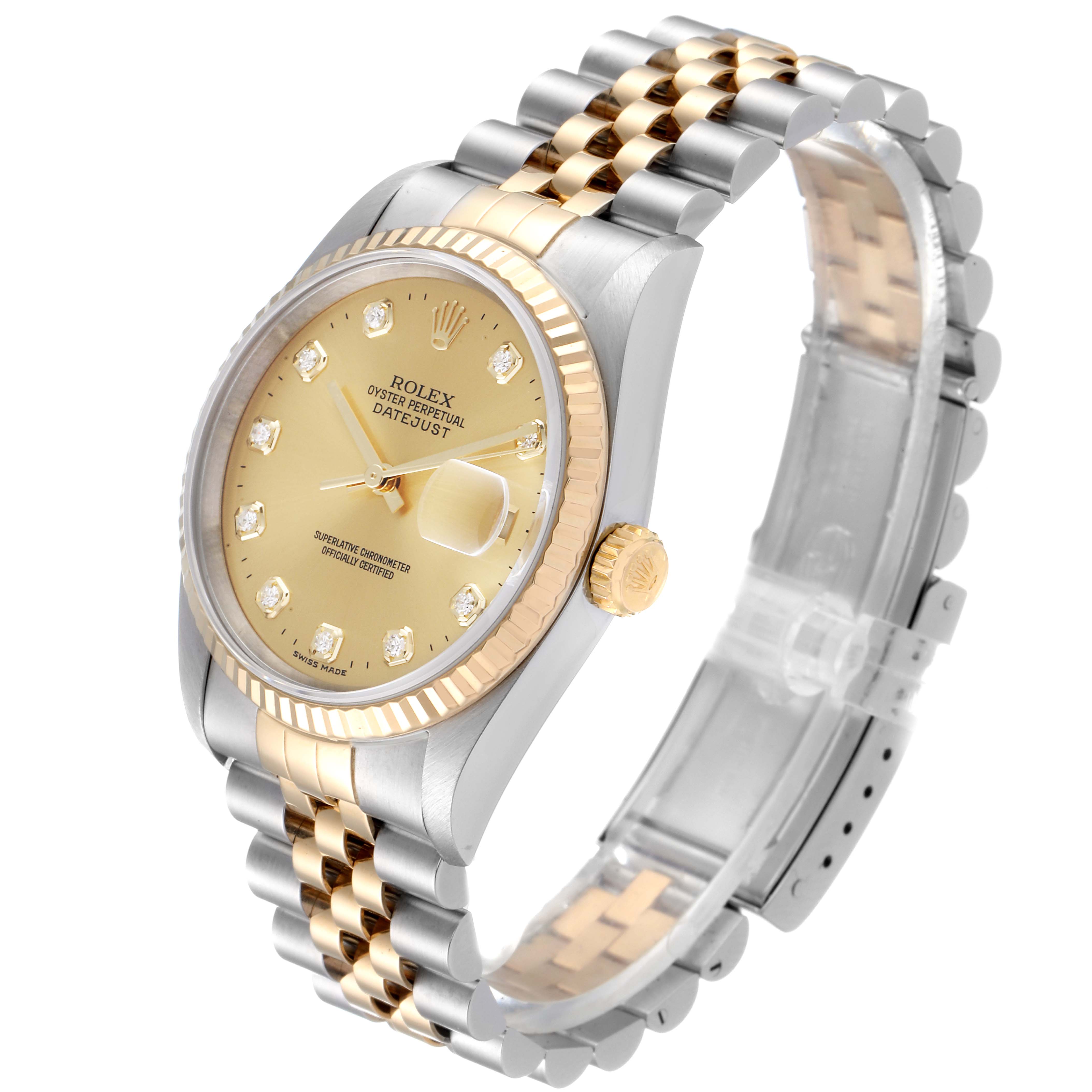The Rolex Datejust 16233 Men's Steel and Gold (two tone) Champagne Dial 16233 Men's Steel and Gold (two tone) Champagne Dial watch is shown at a three-quarter angle, highlighting the face, bezel, and Jubilee bracelet.