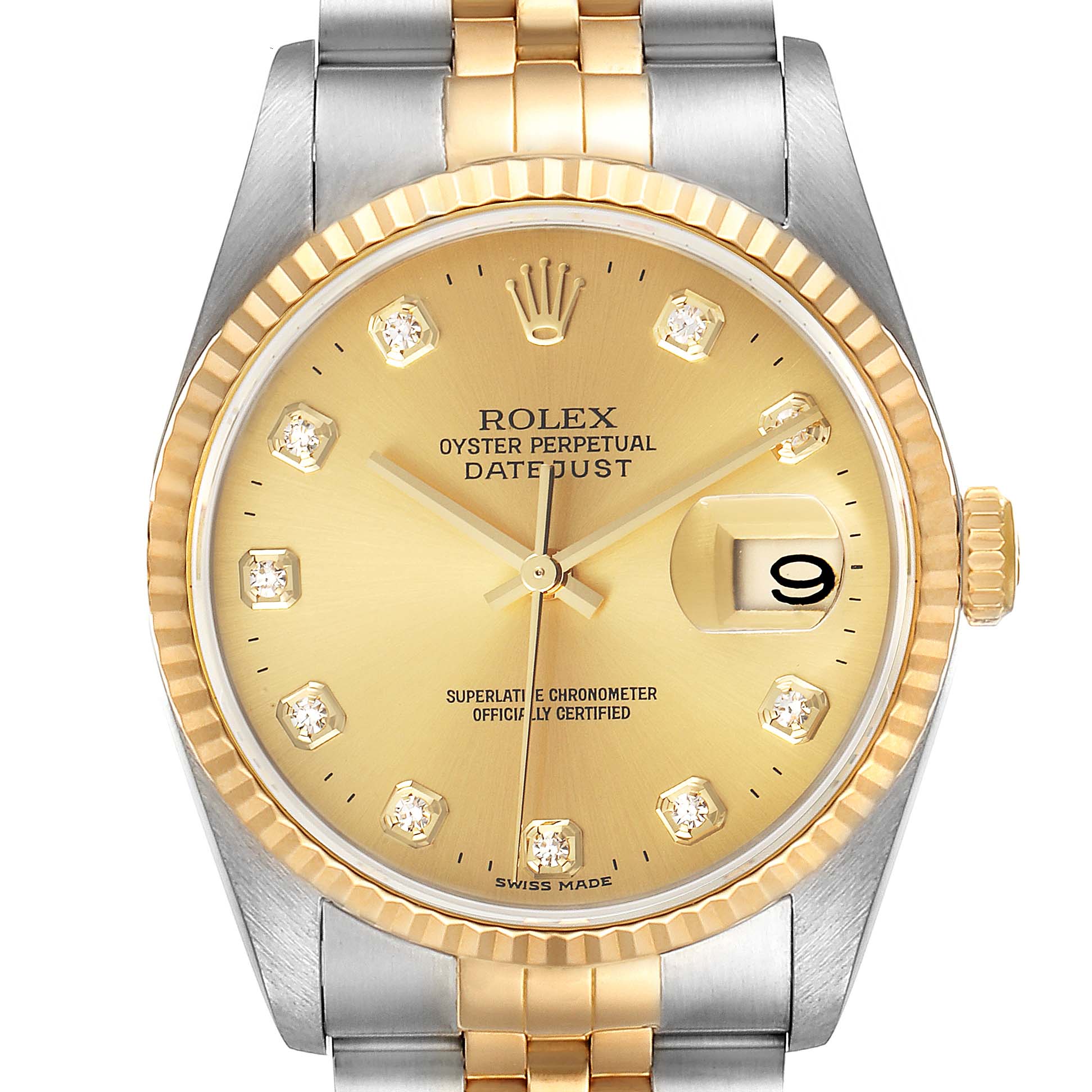 This Rolex Datejust 16233 Men's Steel and Gold (two tone) Champagne Dial 16233 Men's Steel and Gold (two tone) Champagne Dial watch is shown from the front, displaying its dial, hands, date window, and part of the bracelet.