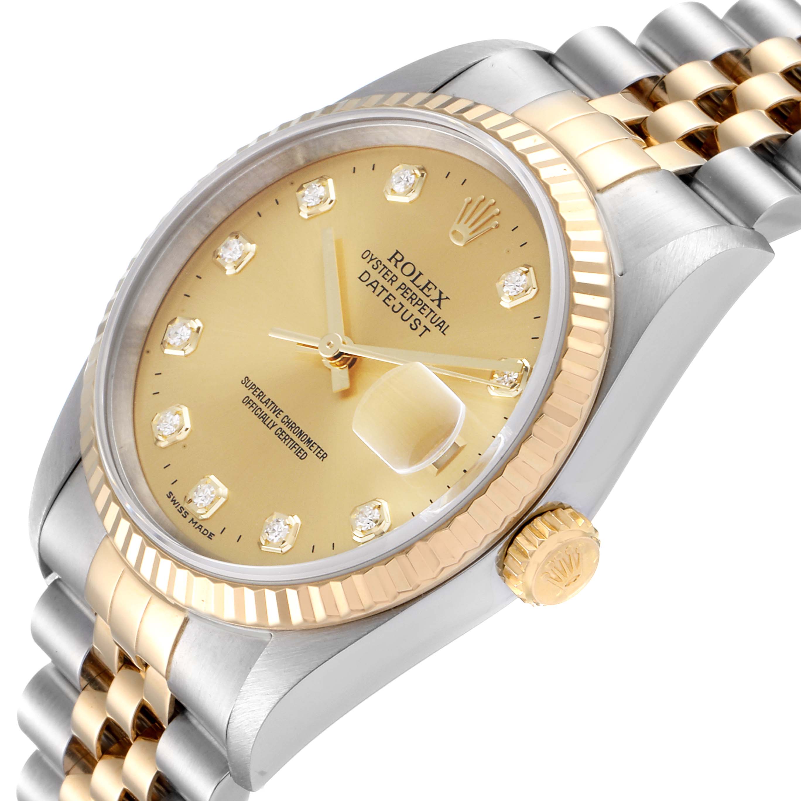 This image shows a Rolex Datejust 16233 Men's Steel and Gold (two tone) Champagne Dial 16233 Men's Steel and Gold (two tone) Champagne Dial watch from an angle highlighting the dial, bezel, crown, and part of the bracelet.