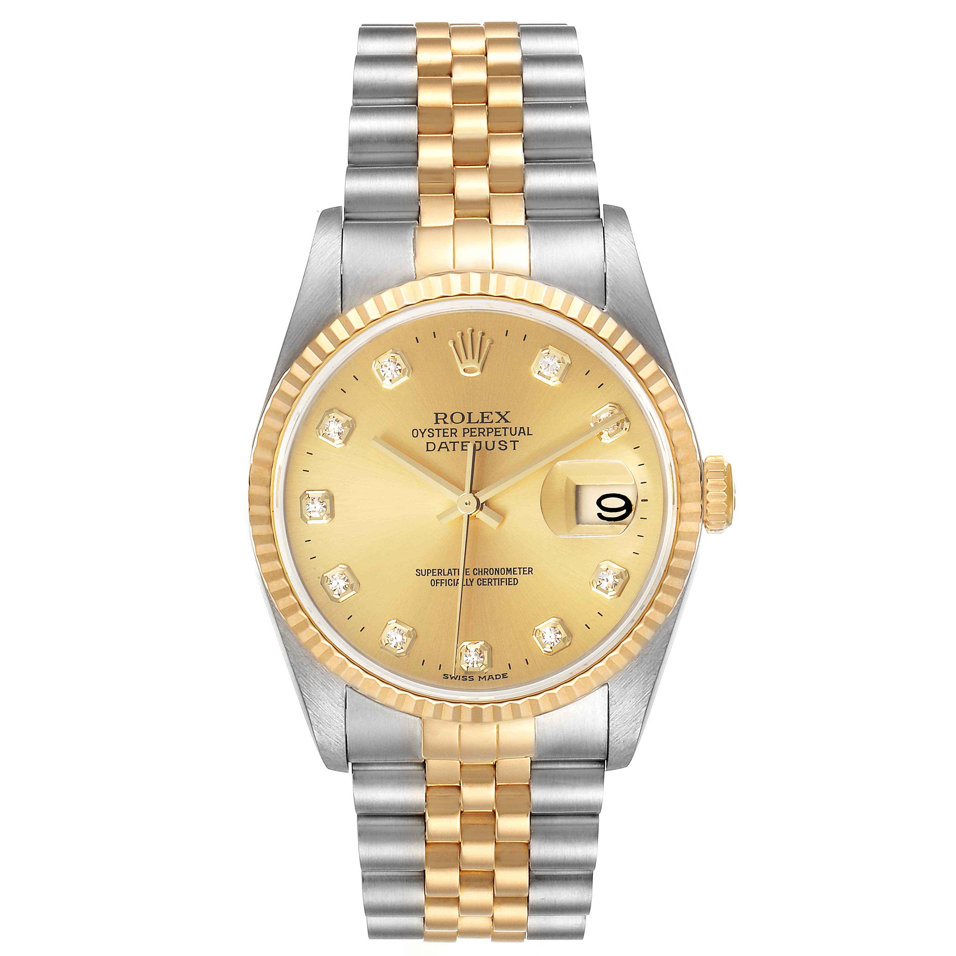 This image shows a Rolex Datejust 16233 Men's Steel and Gold (two tone) Champagne Dial 16233 Men's Steel and Gold (two tone) Champagne Dial watch from a top-down angle, displaying the dial, bezel, and bracelet.