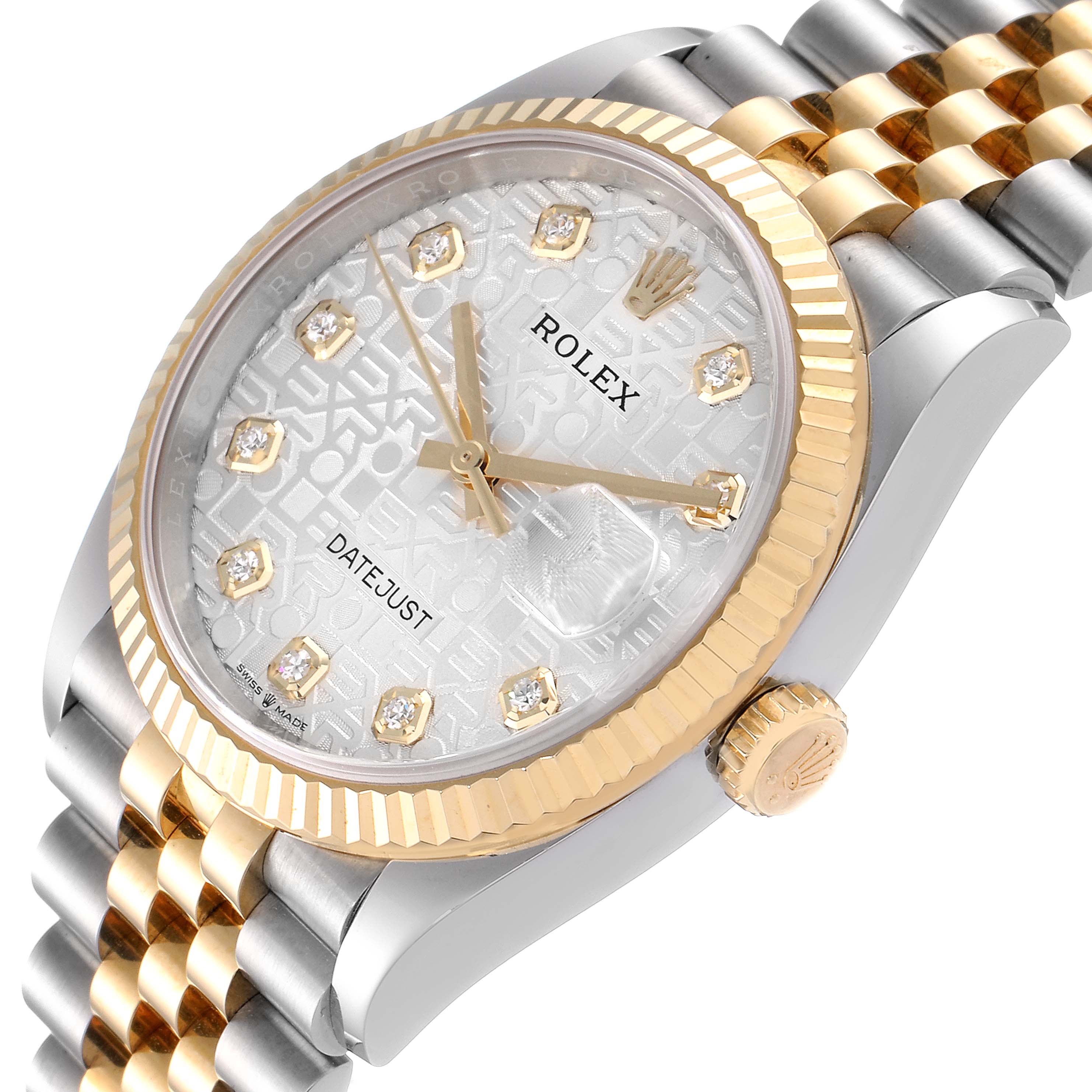 The image shows a Rolex Datejust 126233 Men's Steel and Gold (two tone) Silver Dial 126233 Men's Steel and Gold (two tone) Silver Dial watch at a slight angle, highlighting the dial, bezel, crown, and part of the bracelet.