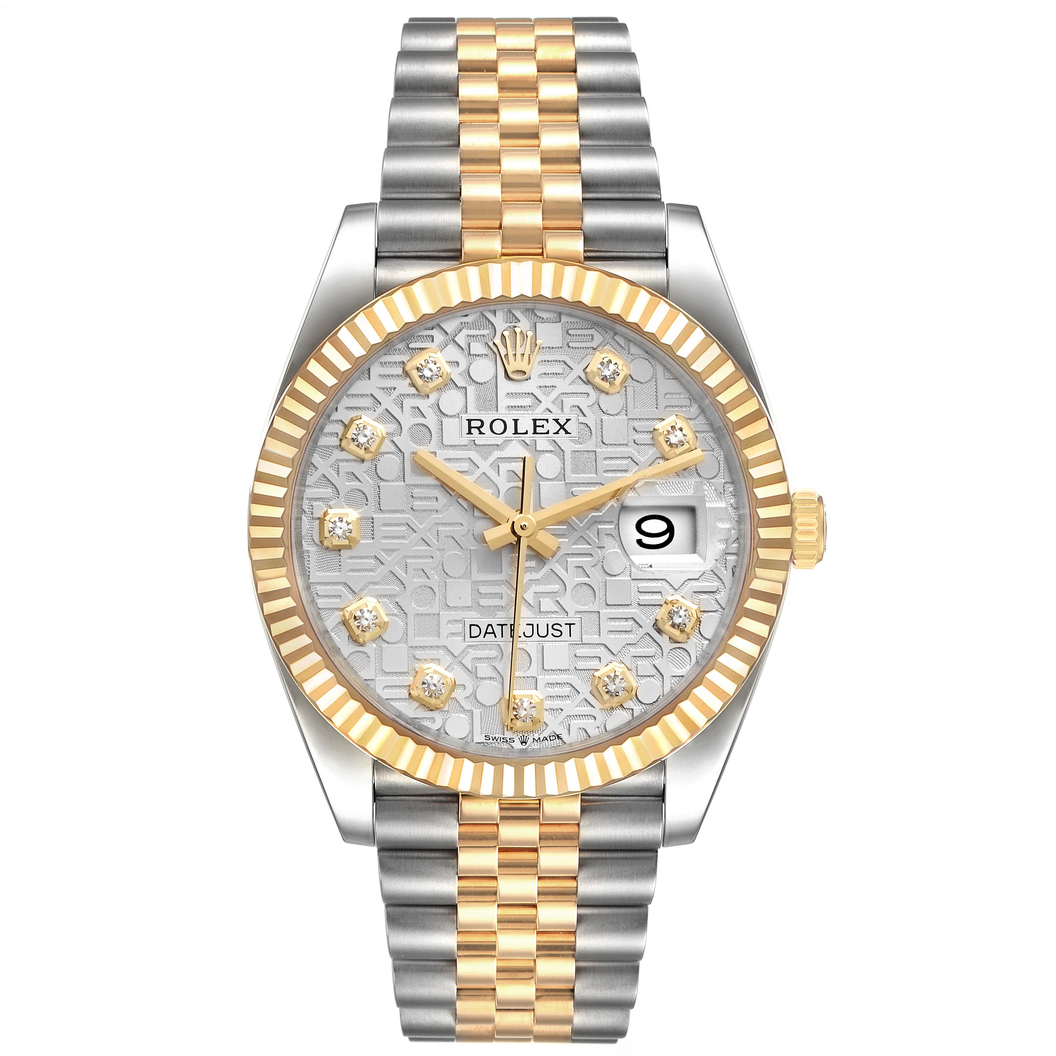 The image shows a front view of a Rolex Datejust 126233 Men's Steel and Gold (two tone) Silver Dial 126233 Men's Steel and Gold (two tone) Silver Dial watch featuring a bi-color metallic band, fluted bezel, and date window at 3 o'clock.