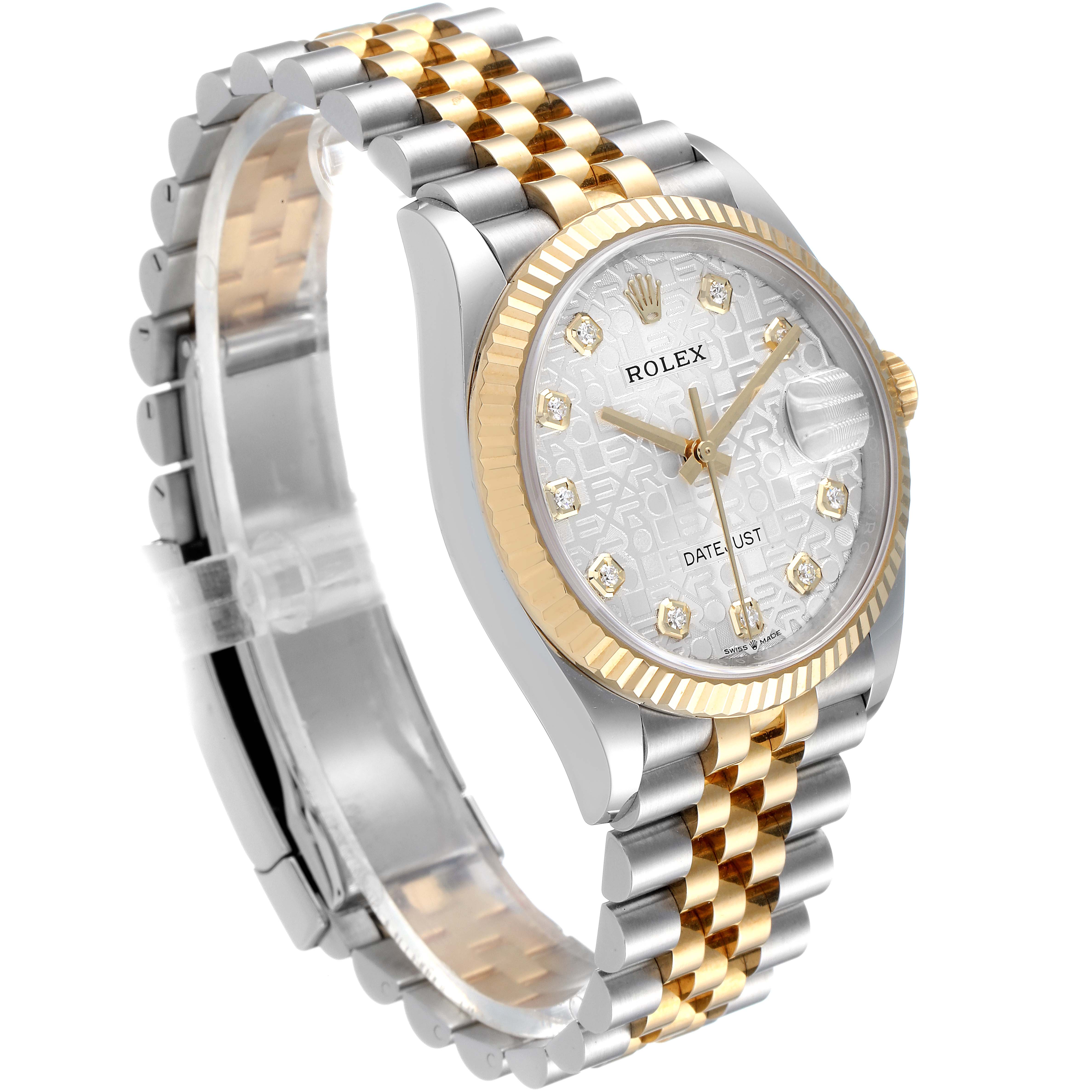 The image shows a Rolex Datejust 126233 Men's Steel and Gold (two tone) Silver Dial 126233 Men's Steel and Gold (two tone) Silver Dial watch angled from the upper left, highlighting the bracelet, dial, and bezel.