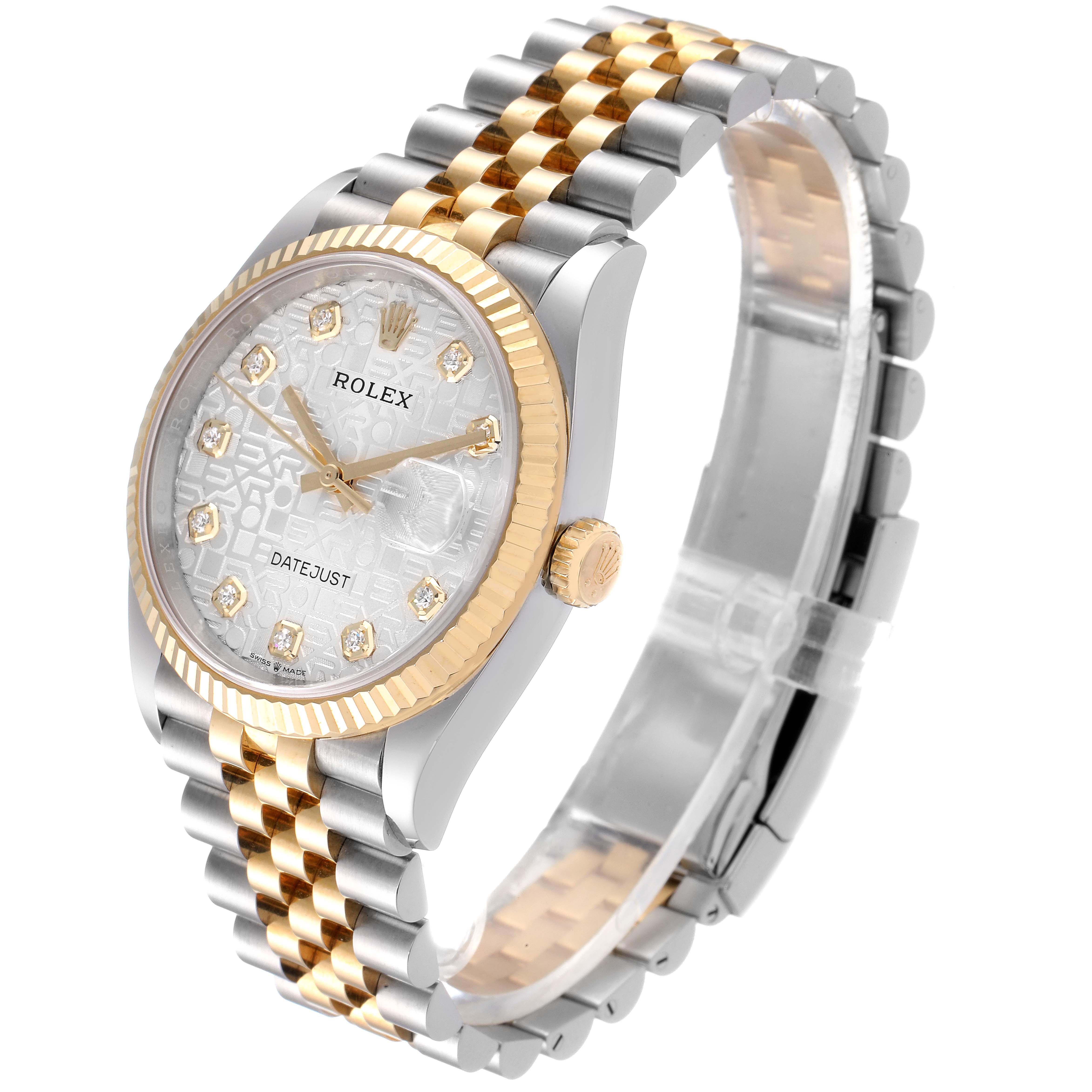 This image shows the Rolex Datejust 126233 Men's Steel and Gold (two tone) Silver Dial 126233 Men's Steel and Gold (two tone) Silver Dial watch at an angled side view, highlighting the face, bezel, crown, and bracelet.