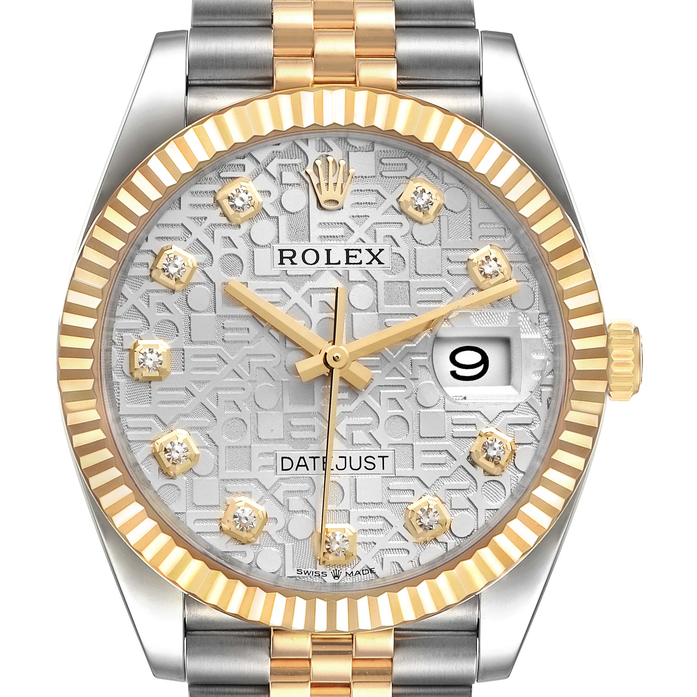 This image shows a Rolex Datejust 126233 Men's Steel and Gold (two tone) Silver Dial 126233 Men's Steel and Gold (two tone) Silver Dial watch from a straight-on angle, highlighting its dial, bezel, crown, and a portion of its bracelet.