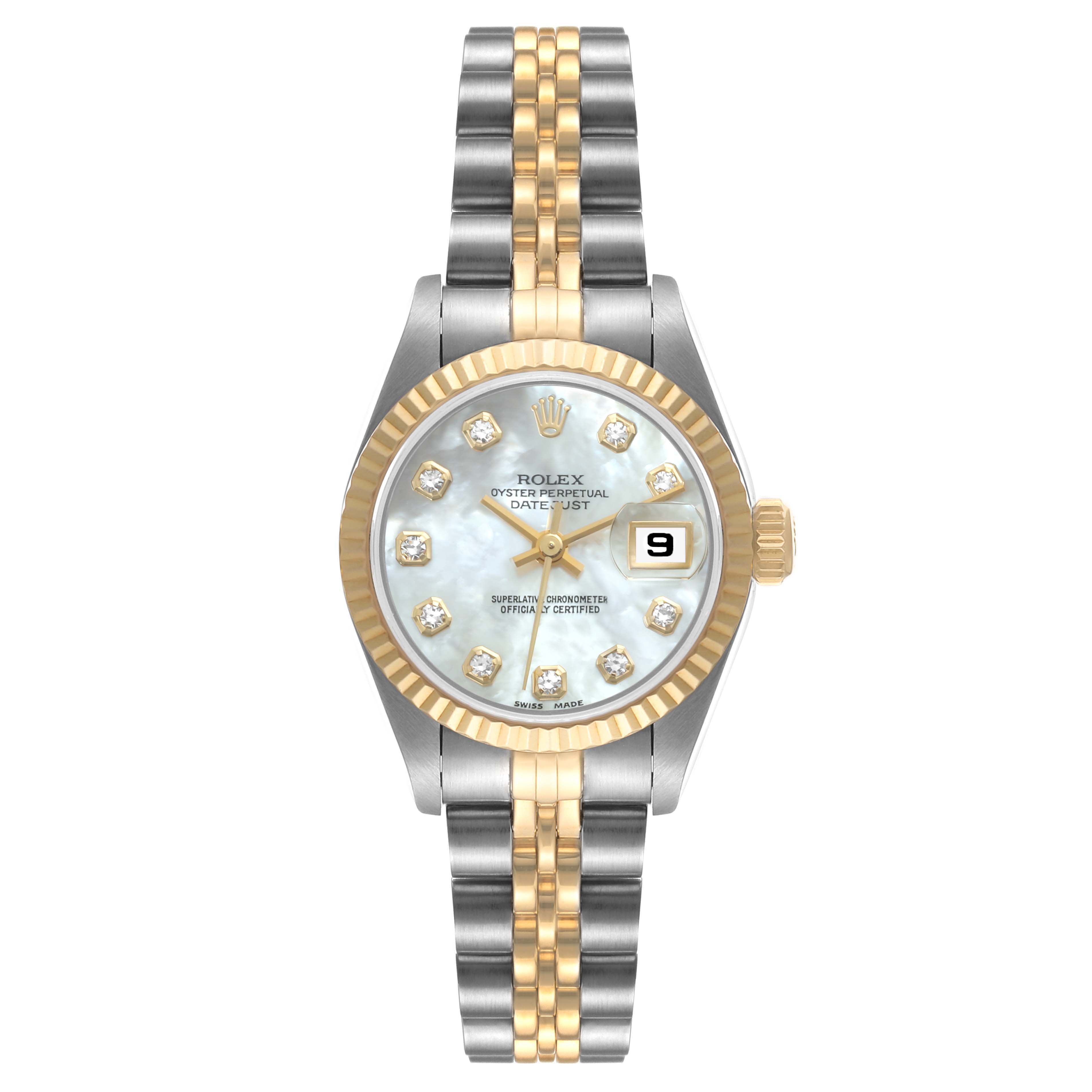 The image shows a Rolex Datejust 79173 Women's Steel and Gold (two tone) Mother of Pearl Dial 79173 Women's Steel and Gold (two tone) Mother of Pearl Dial watch from a front-facing angle, highlighting the dial, bezel, and bracelet.