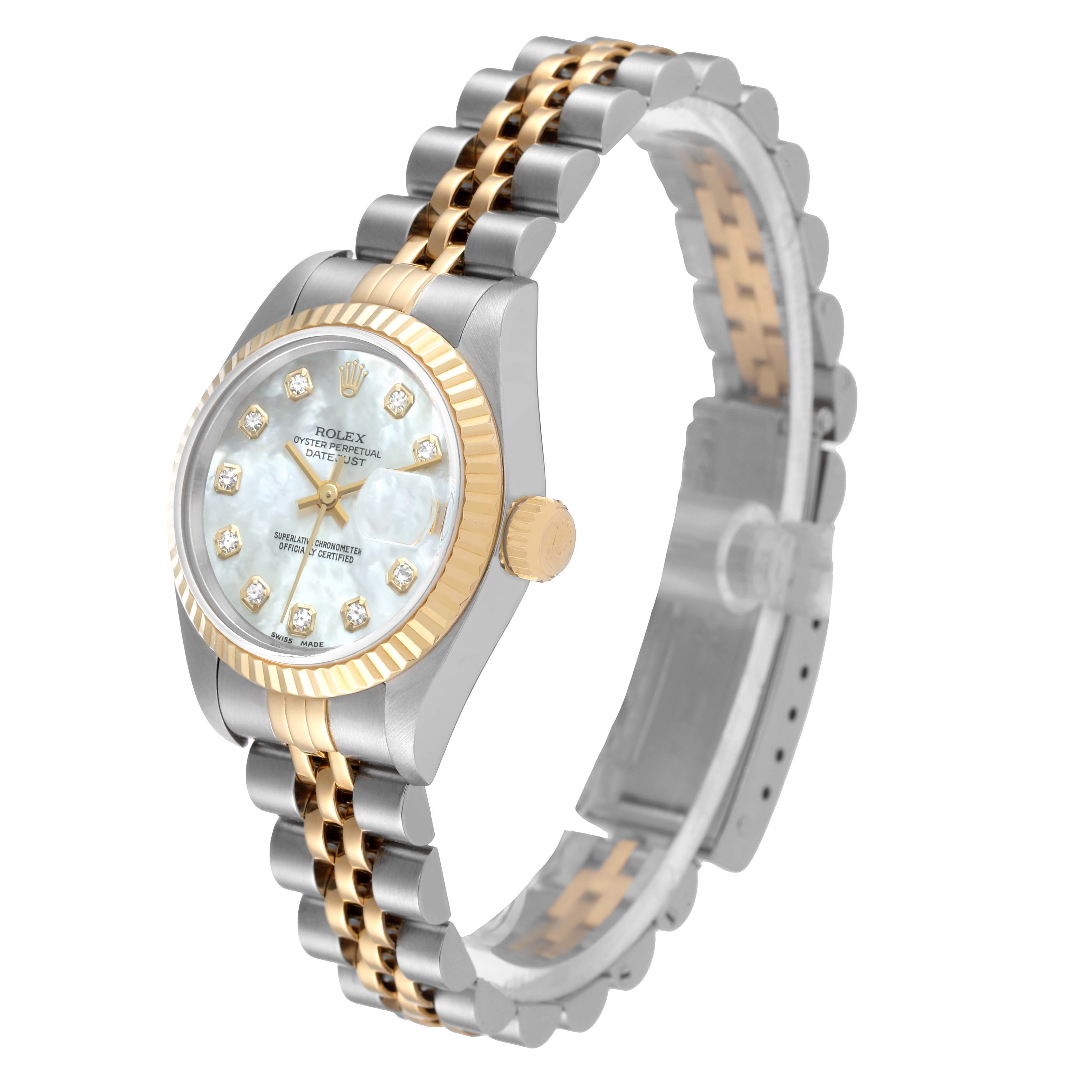 The image shows a Rolex Datejust 79173 Women's Steel and Gold (two tone) Mother of Pearl Dial 79173 Women's Steel and Gold (two tone) Mother of Pearl Dial watch at a three-quarter angle, highlighting the face, crown, and two-tone bracelet.