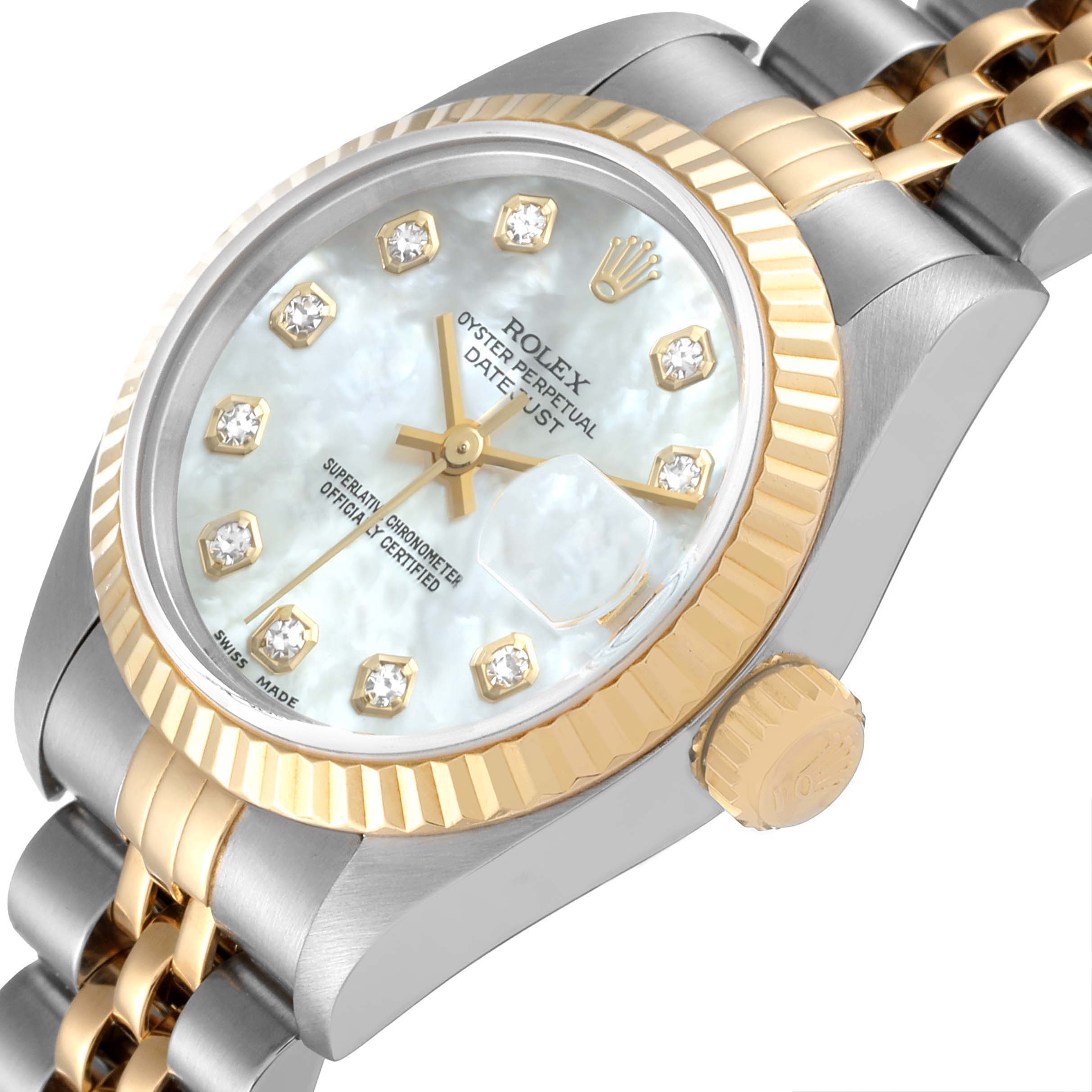 This image shows a close-up angle of the Rolex Datejust 79173 Women's Steel and Gold (two tone) Mother of Pearl Dial 79173 Women's Steel and Gold (two tone) Mother of Pearl Dial watch, highlighting the dial, bezel, crown, and bracelet.