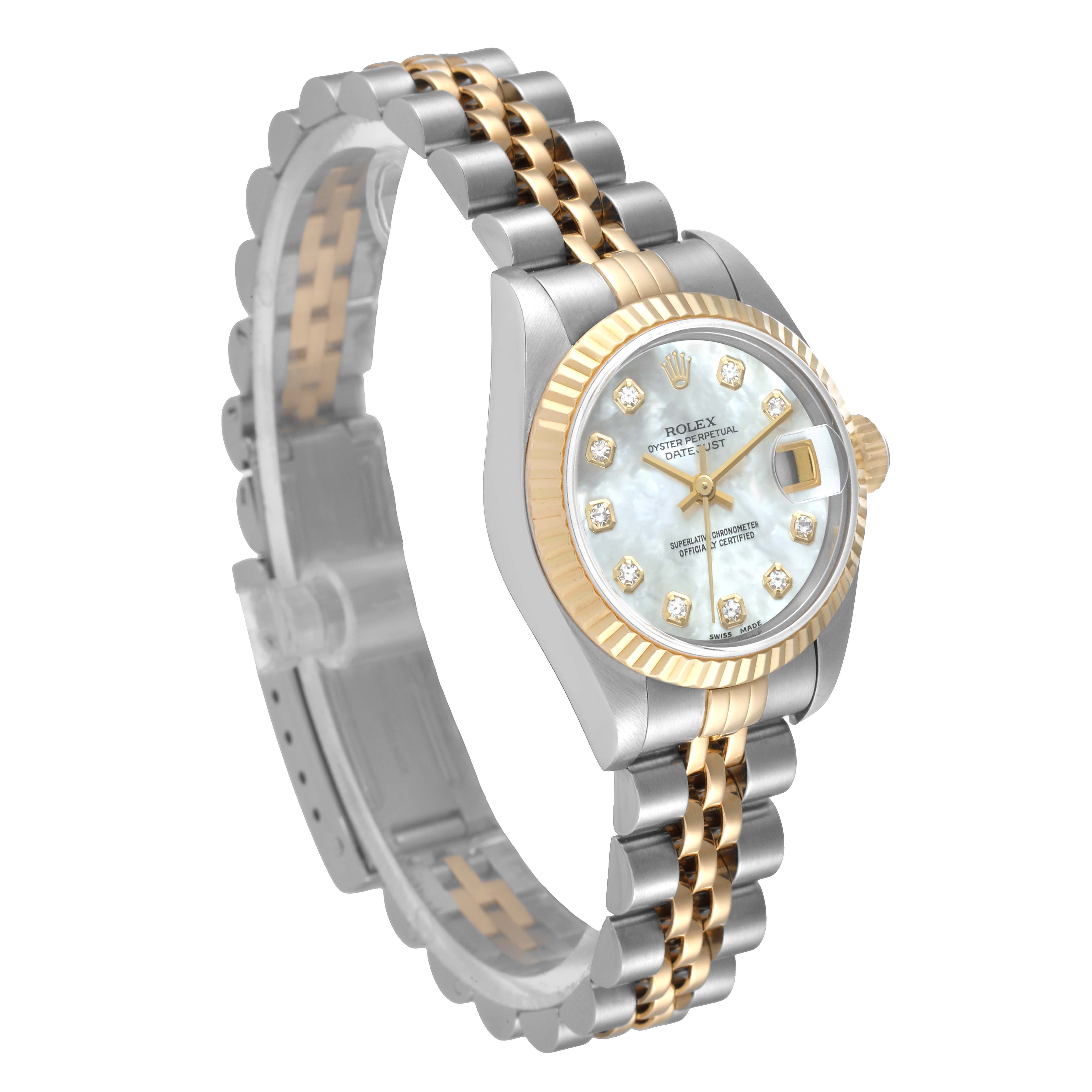 The image shows a Rolex Datejust 79173 Women's Steel and Gold (two tone) Mother of Pearl Dial 79173 Women's Steel and Gold (two tone) Mother of Pearl Dial watch at an angle highlighting its face, bezel, crown, and bracelet.