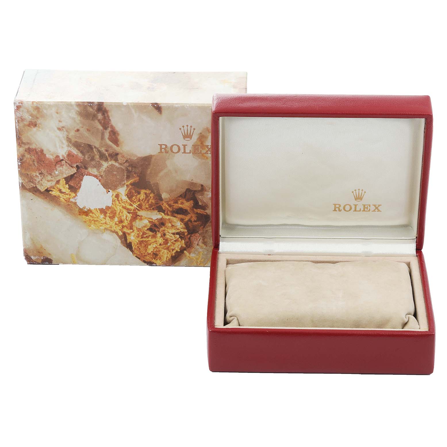 The image displays an open red Rolex Datejust 79173 Women's Steel and Gold (two tone) Mother of Pearl Dial 79173 Women's Steel and Gold (two tone) Mother of Pearl Dial watch box and an outer box with a textured design.