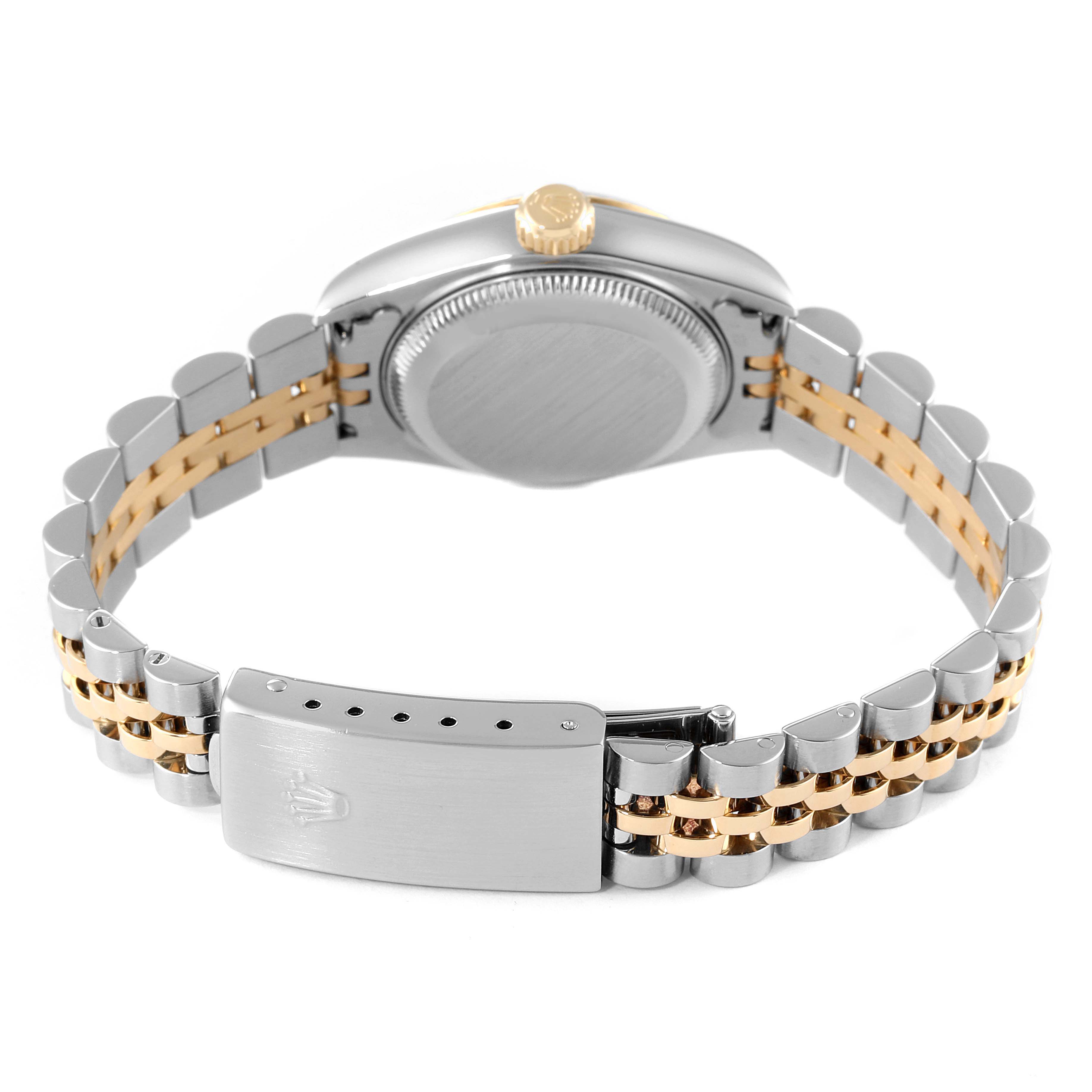 This image shows the back view of the Rolex Datejust 79173 Women's Steel and Gold (two tone) Mother of Pearl Dial 79173 Women's Steel and Gold (two tone) Mother of Pearl Dial watch, focusing on the case back, crown, and two-tone Jubilee bracelet with the clasp.